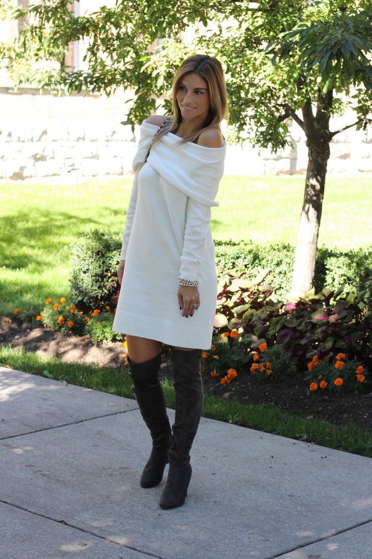 Nordstrom-Off-the-shoulder-white-sweater-dress-over-the-knee-grey-boots