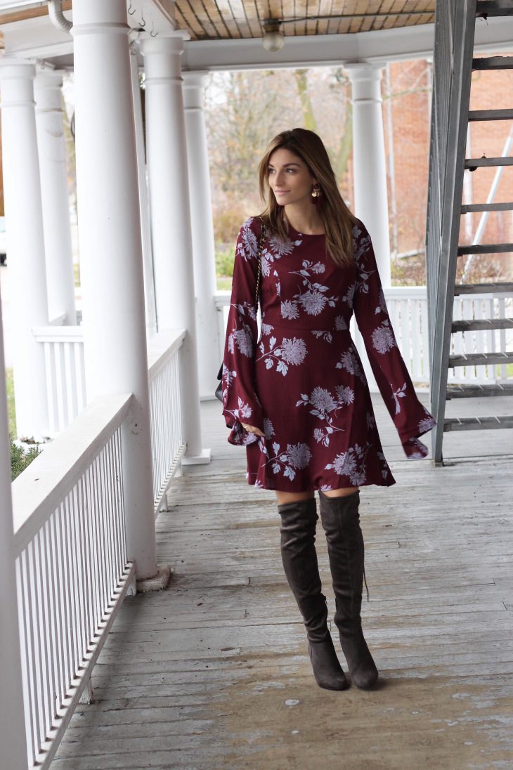 Burgundy floral dress for fall
