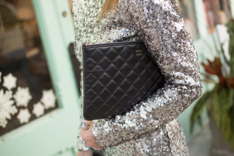 Guess sequin dress and Chanel Quilted black clutch