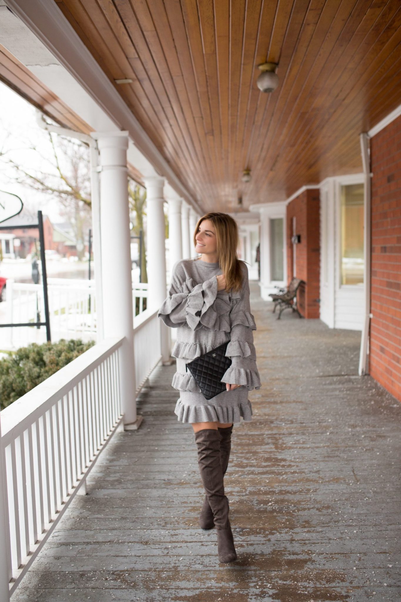 Chicwish Tiered Fantasy Sweater Dress in Grey and Chanel Quilted Clutch, grey over the knee suede boots, Chanel quilted clutch Mandy Furnis sparkleshinylove