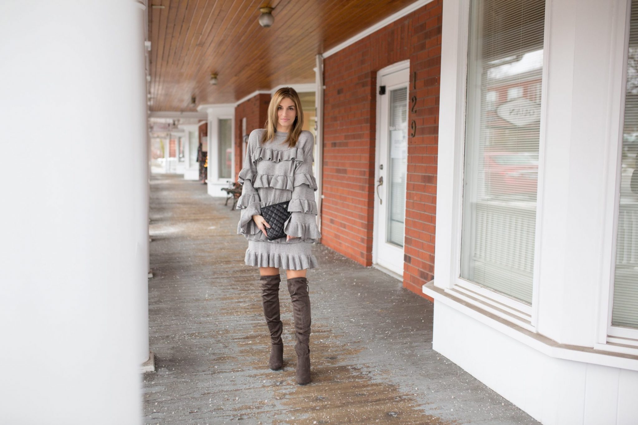 ChicwishTiered Fantasy Sweater Dress in Grey with grey over the knee boots and chanel clutch