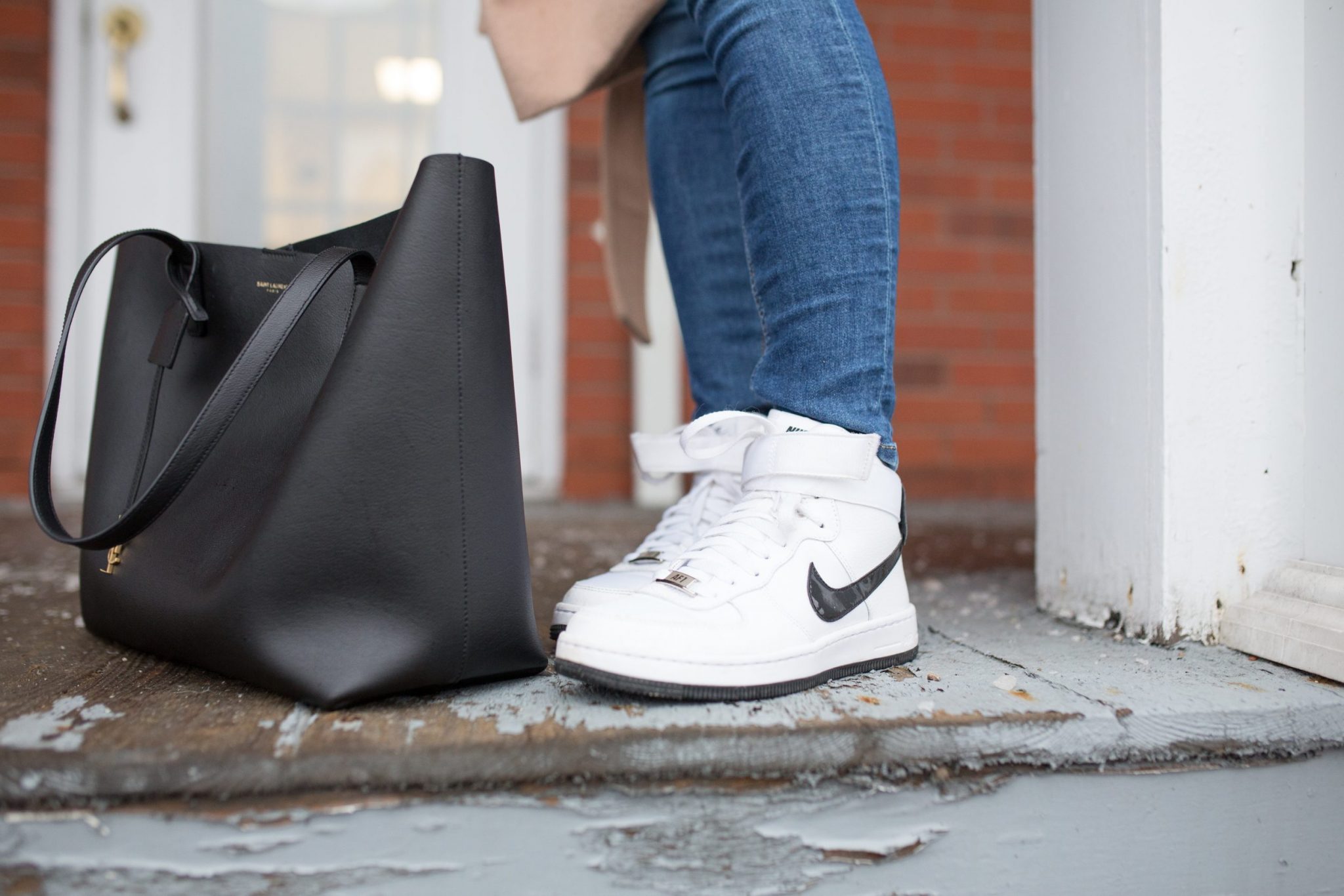 Saint Laurent Shopping Leather Tote and Nike Hi Tops