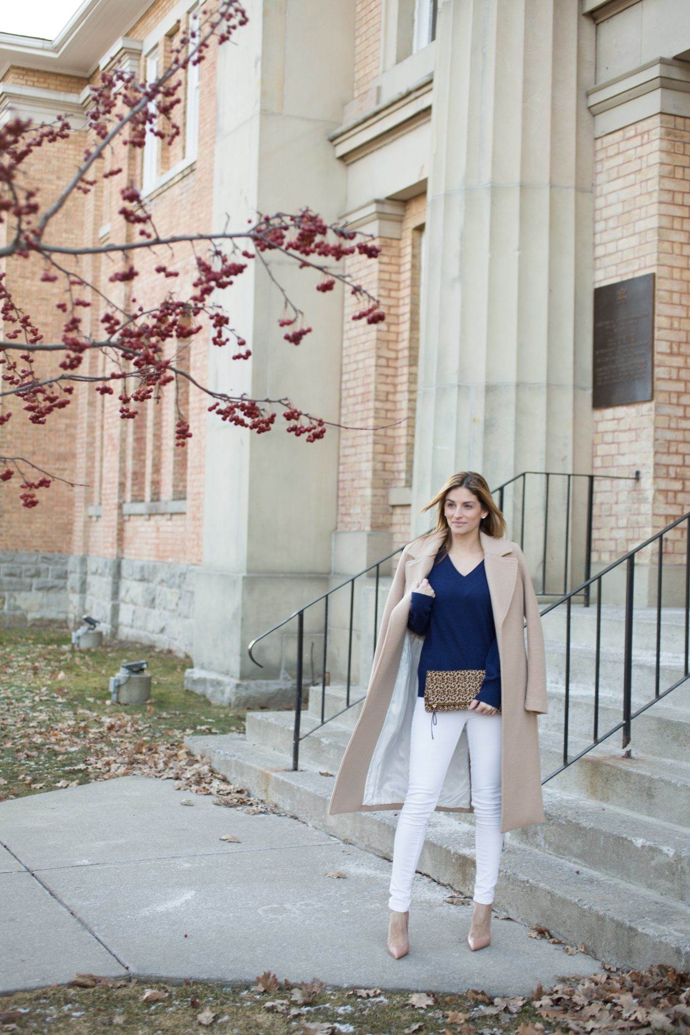 Navy Cashmere sweater from Uniqlo, white skinny jeans, long camel coat, leaopard clutch from Charming Charlie and Nude Christian Louboutin So Kate Pumps