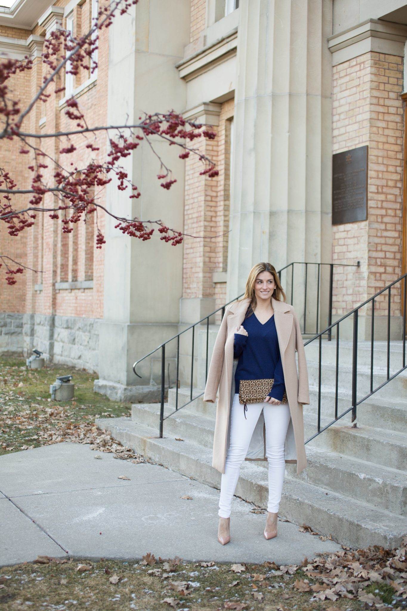 Navy Cashmere sweater from Uniqlo, white skinny jeans, long camel coat, leaopard clutch from Charming Charlie and Nude Christian Louboutin So Kate Pumps
