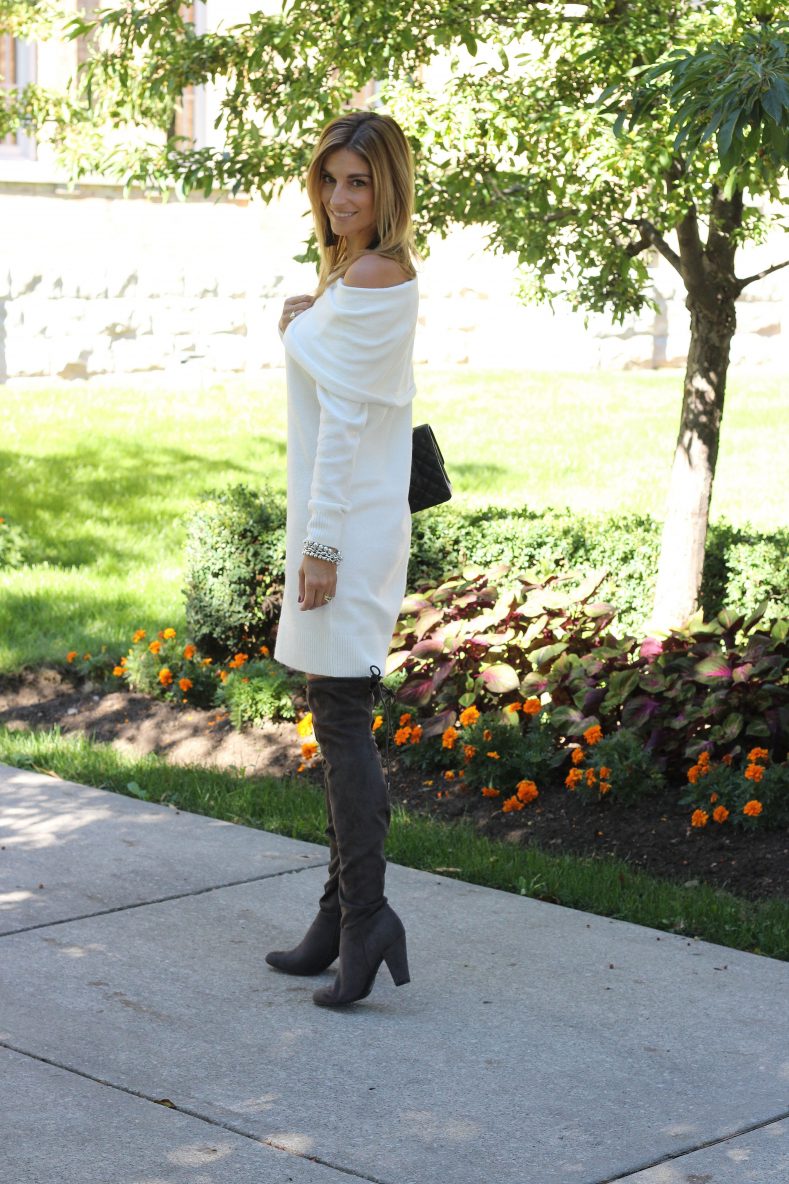 white sweater over dress