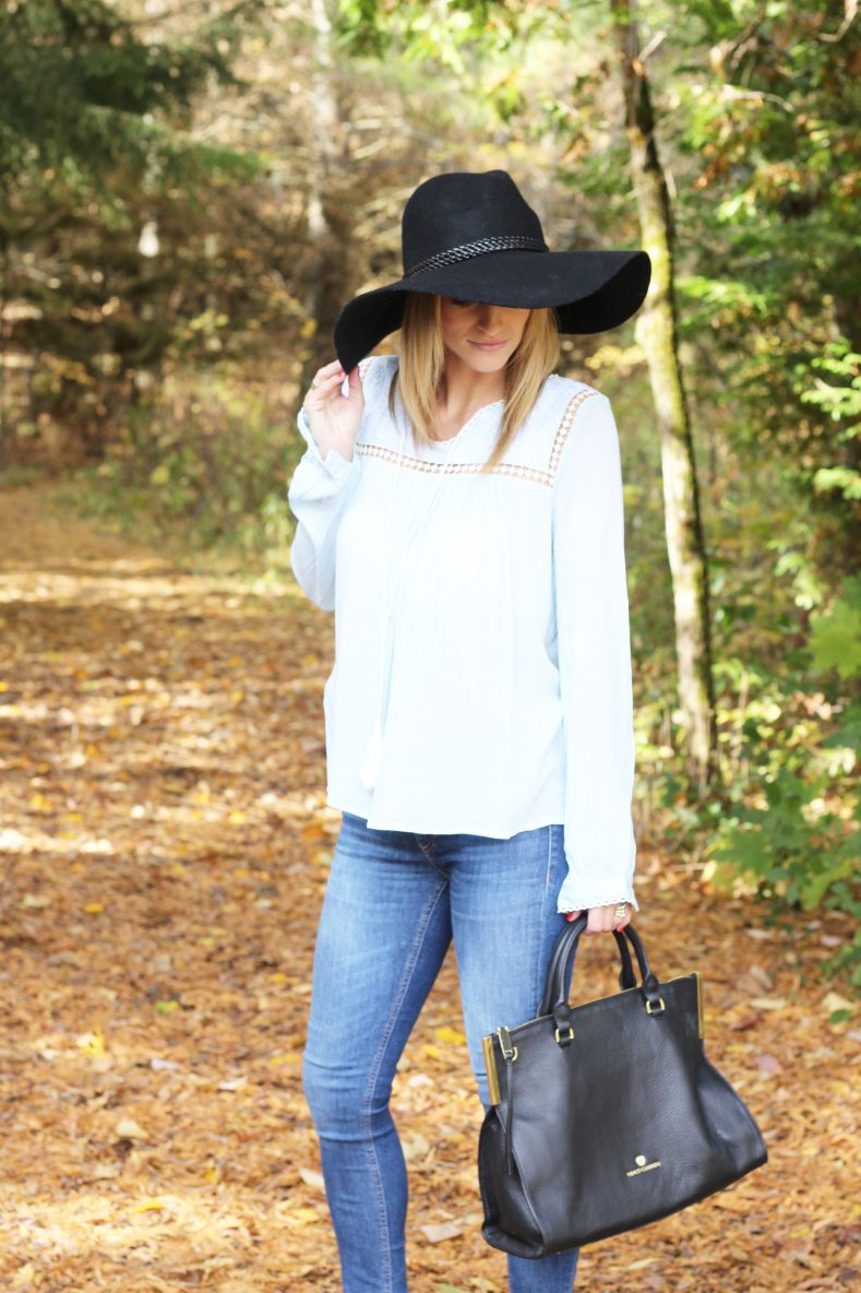 Fall look with baby blue peasant top