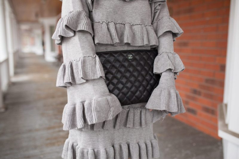 Chicwish Tiered Fantasy Sweater Dress in Grey and Chanel Quilted Clutch