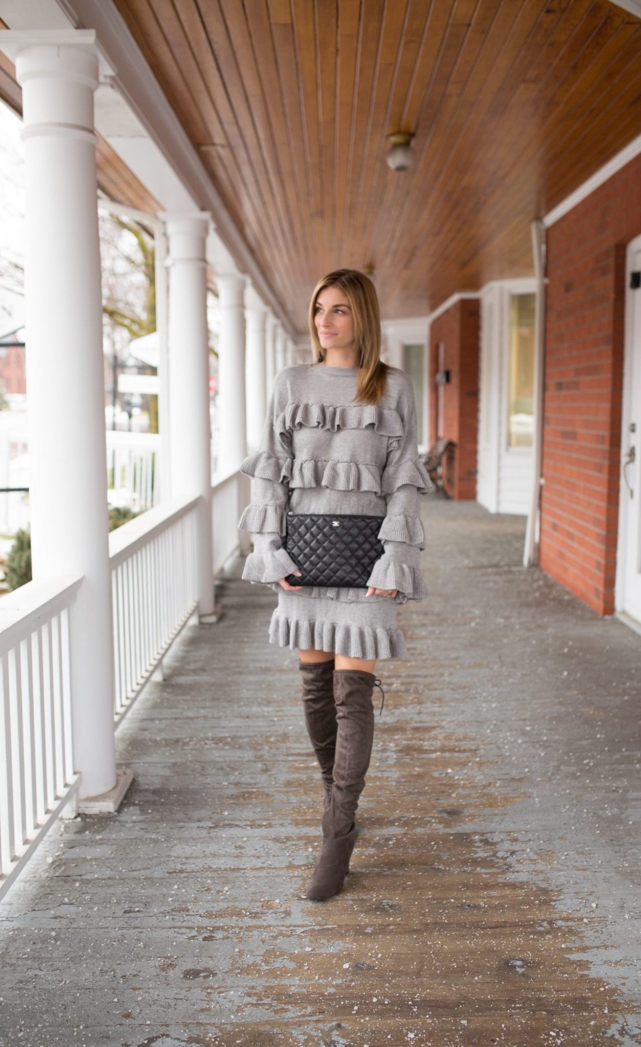 ChicwishTiered Fantasy Sweater Dress in Grey with grey over the knee boots and chanel clutch