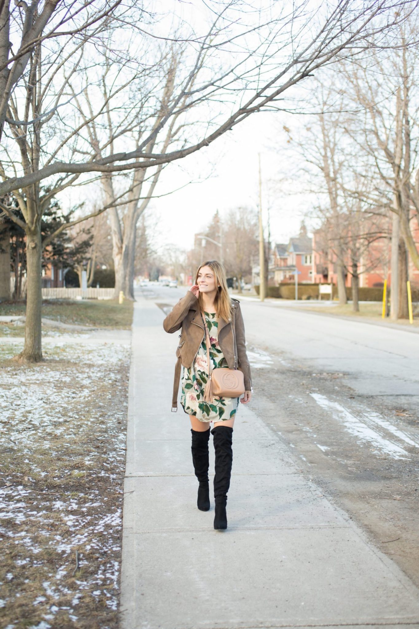 Floral Tunic Dress, black over the knee boots, brown suede moto jacket, beige Gucci Soho Disco bag sparkleshinylove