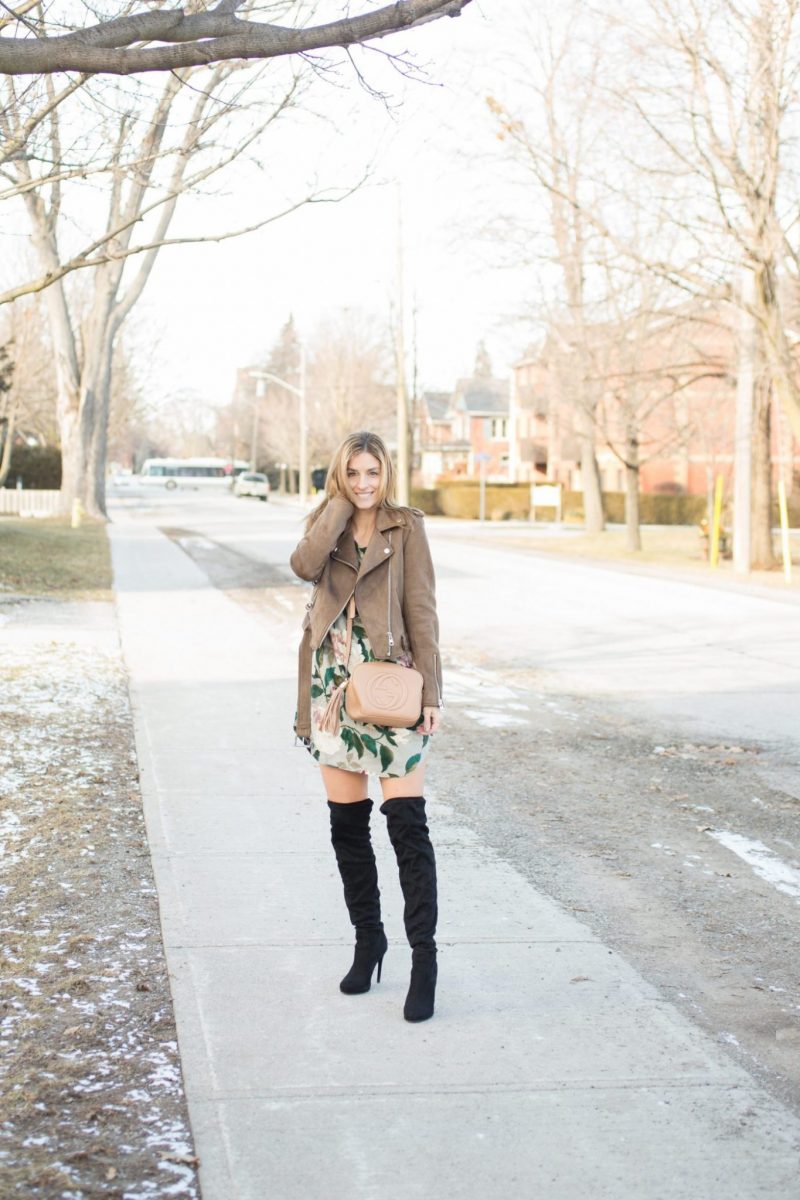 Floral Tunic Dress, black over the knee boots, brown suede moto jacket, beige Gucci Soho Disco bag Mandy Furnis