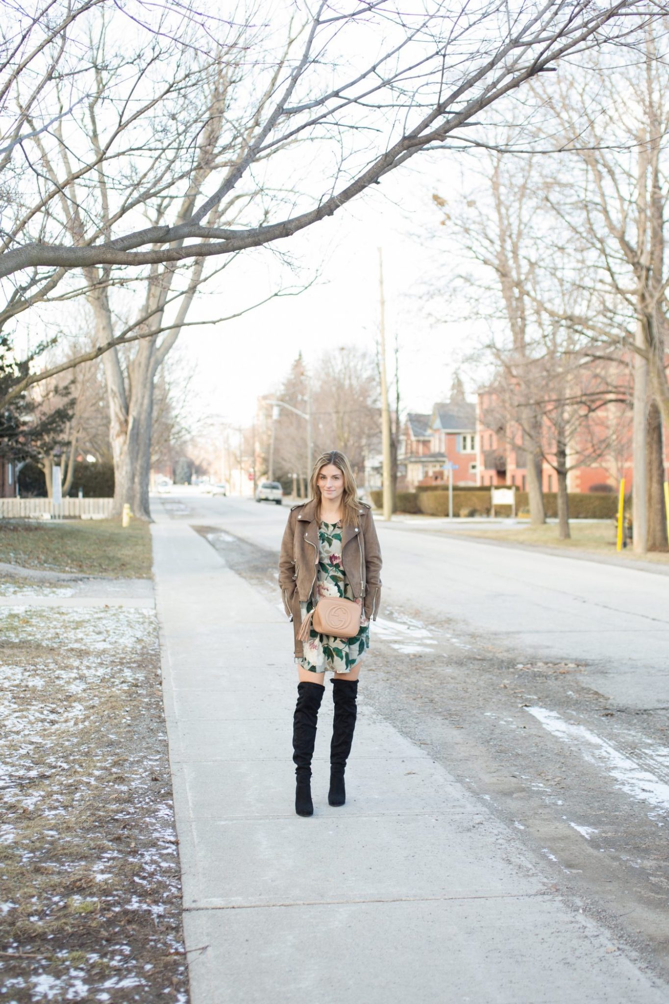 Floral Tunic Dress, black over the knee boots, brown suede moto jacket, beige Gucci Soho Disco bag