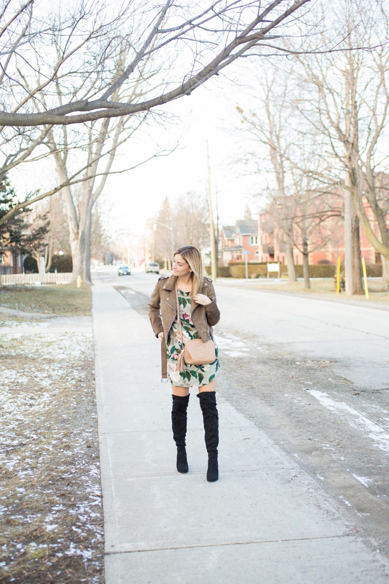 Floral Tunic Dress, black over the knee boots, brown suede moto jacket, beige Gucci Soho Disco bag