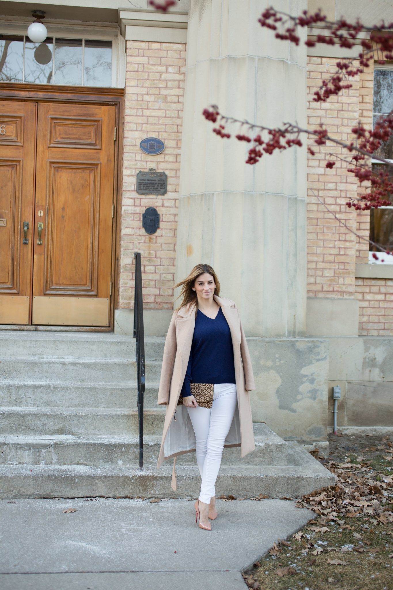 Navy Cashmere sweater from Uniqlo, white skinny jeans, long camel coat, leaopard clutch from Charming Charlie and Nude Christian Louboutin So Kate Pumps mandy furnis sparkleshinylove
