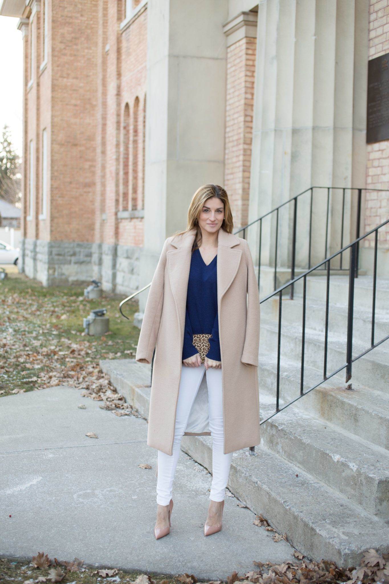 Navy Cashmere sweater from Uniqlo, white skinny jeans, long camel coat, leaopard clutch from Charming Charlie and Nude Christian Louboutin So Kate Pumps mandy furnis