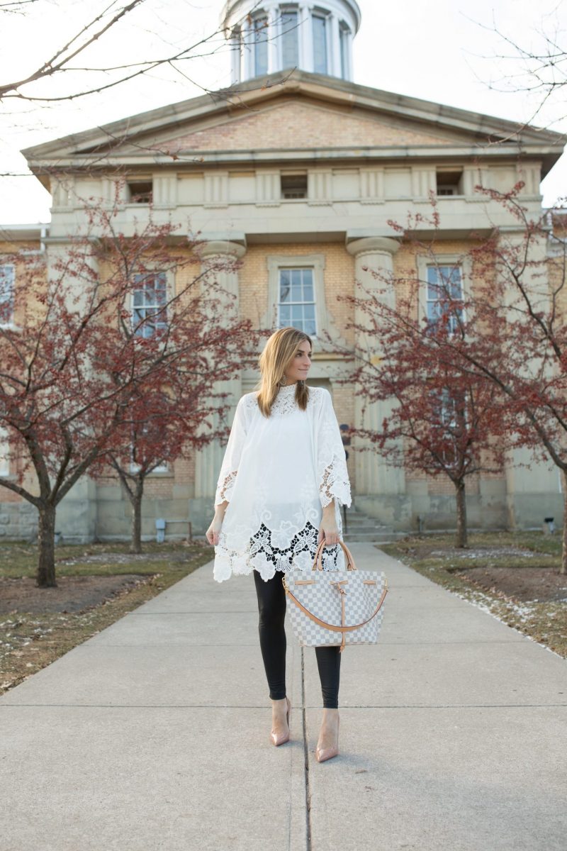 White Tunic with cut out detail, pleather leggings, nude Christian Louboutin heels, Louis Vuitton Girloata Bag