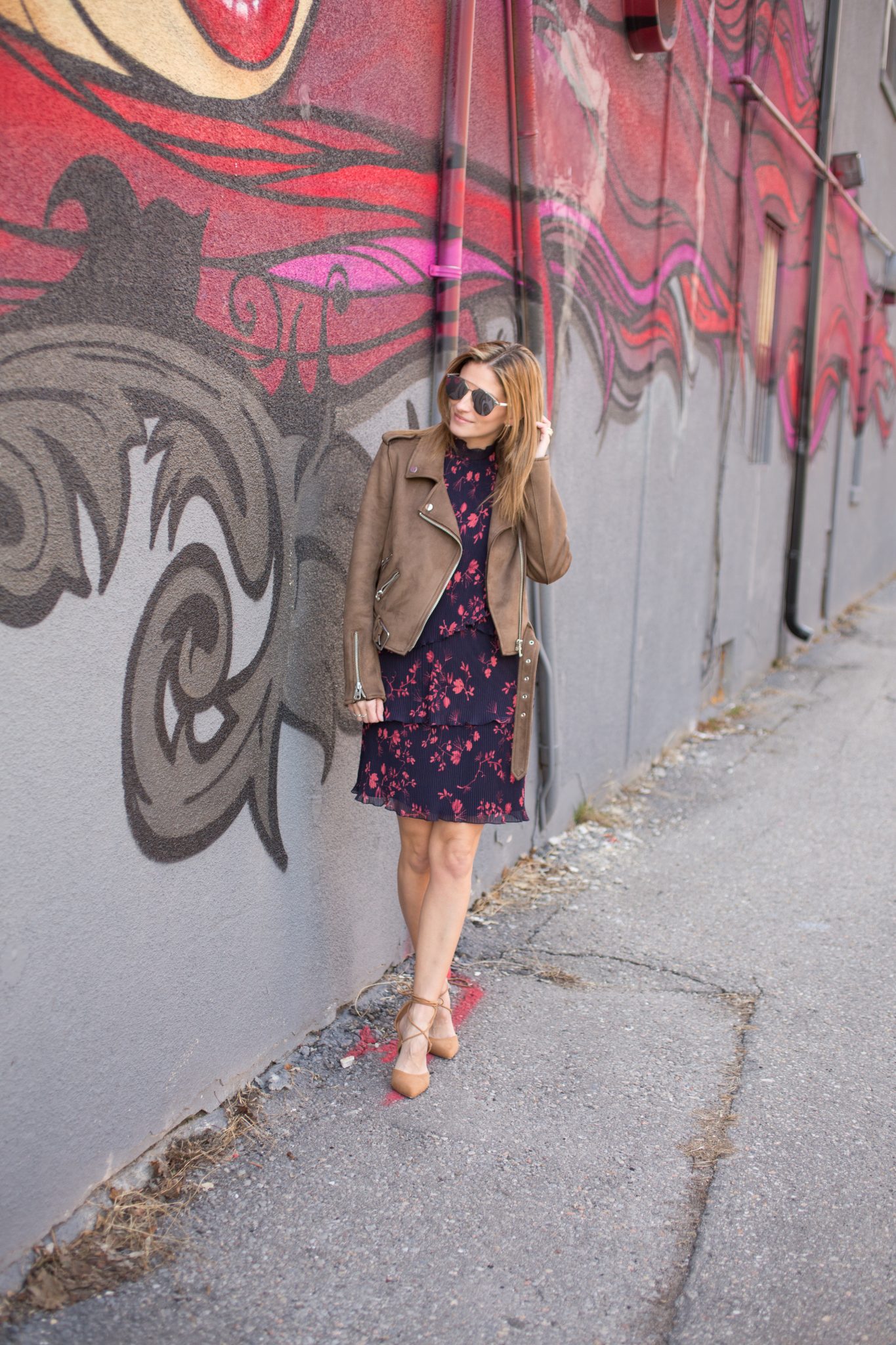 Marciano Cherry Blossom Dress, Le Chateau nude lace up heels, Zara suede moto jacket, Dior So Real Sunglasses