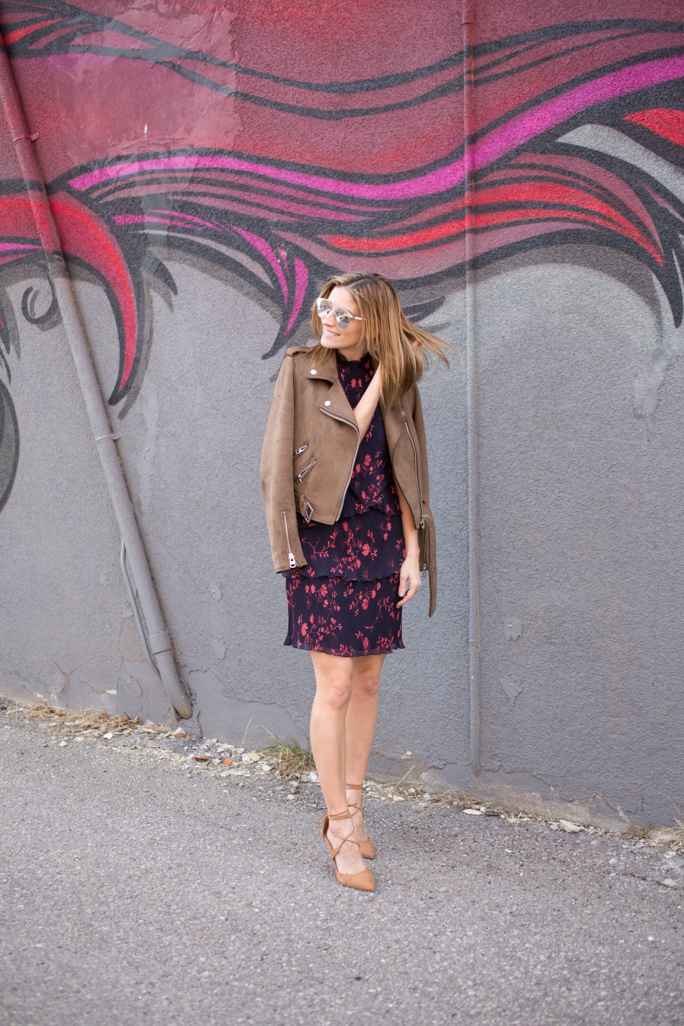Marciano Cherry Blossom Dress, Le Chateau nude lace up heels, Zara suede moto jacket, Dior So Real Sunglasses