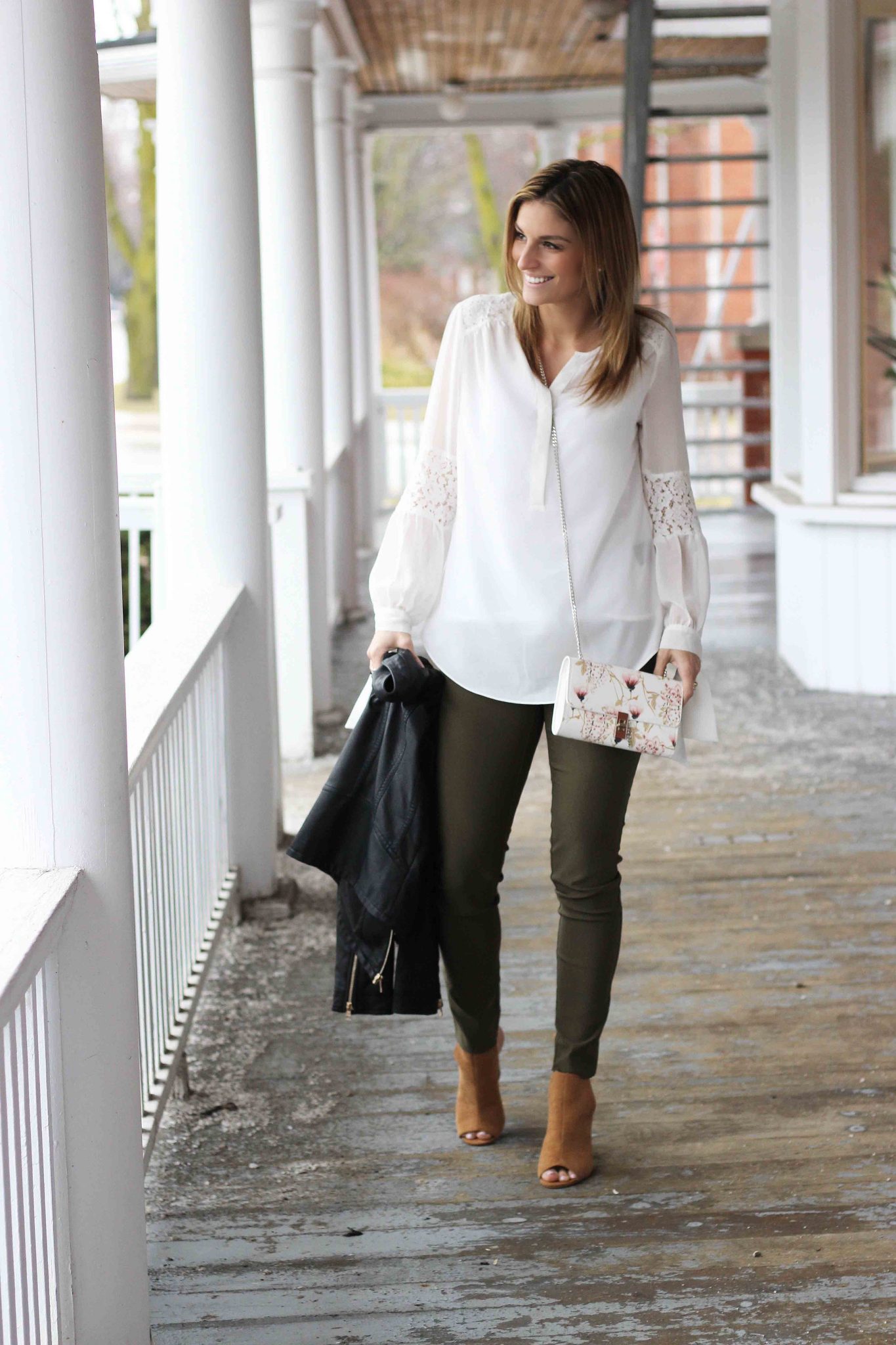 Spring Look From Le Chateau, White peasant blouse, olive green pants, black leather jacket, floral cross body bag, Suede peep toe shootie