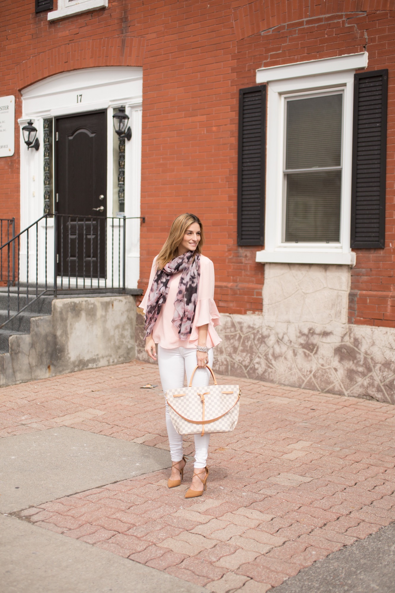 Sparkleshinylove Pink bell sleeve top Suzy Shier, multicolour scarf Suzy shier, White Jeans Suzy Shier, Louis Vuitton Girolata Bag, lace up pointed toe heels in nude Le Chateau