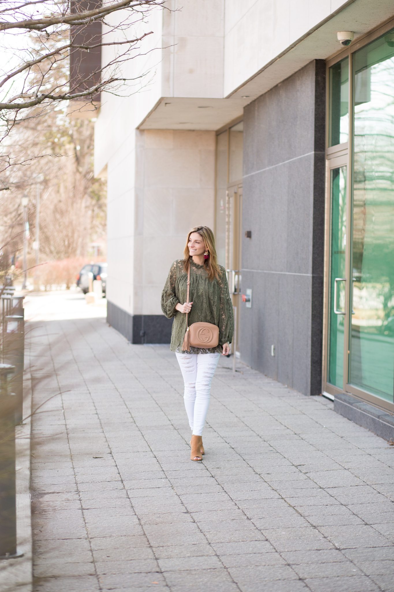 Chicwish Leaf Power Lace Dolly Top in Olive, white jeans from jean machine, nude peep toe booties from Le Chateau, Gucci nude soho disco bag, tassel earrings from H&M