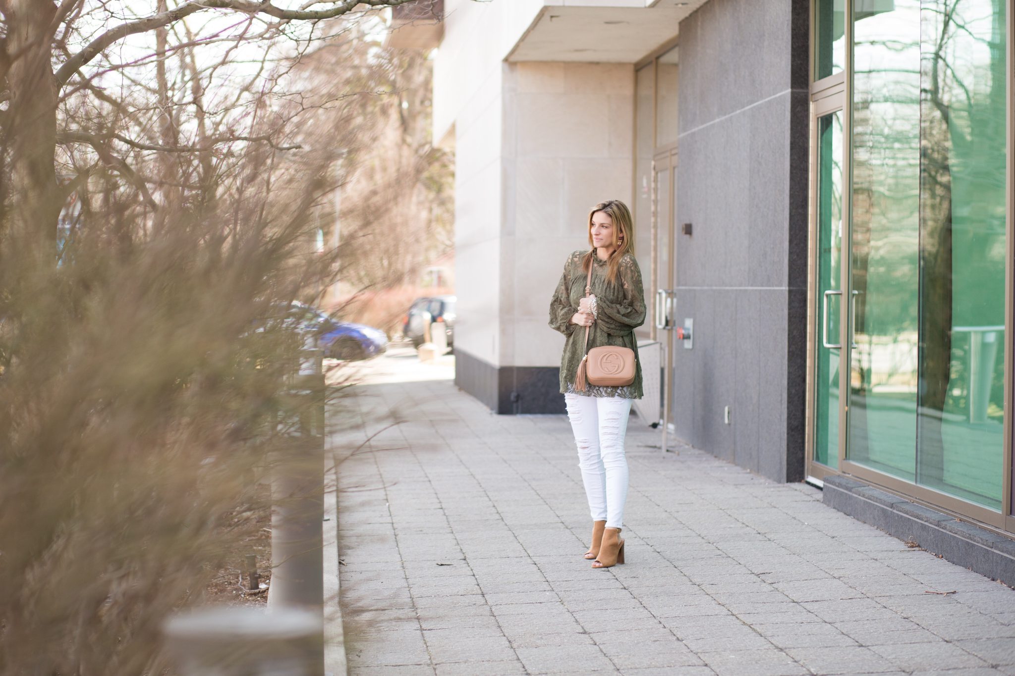 Chicwish Leaf Power Lace Dolly Top in Olive, white jeans from jean machine, nude peep toe booties from Le Chateau, Gucci nude soho disco bag, tassel earrings from H&M