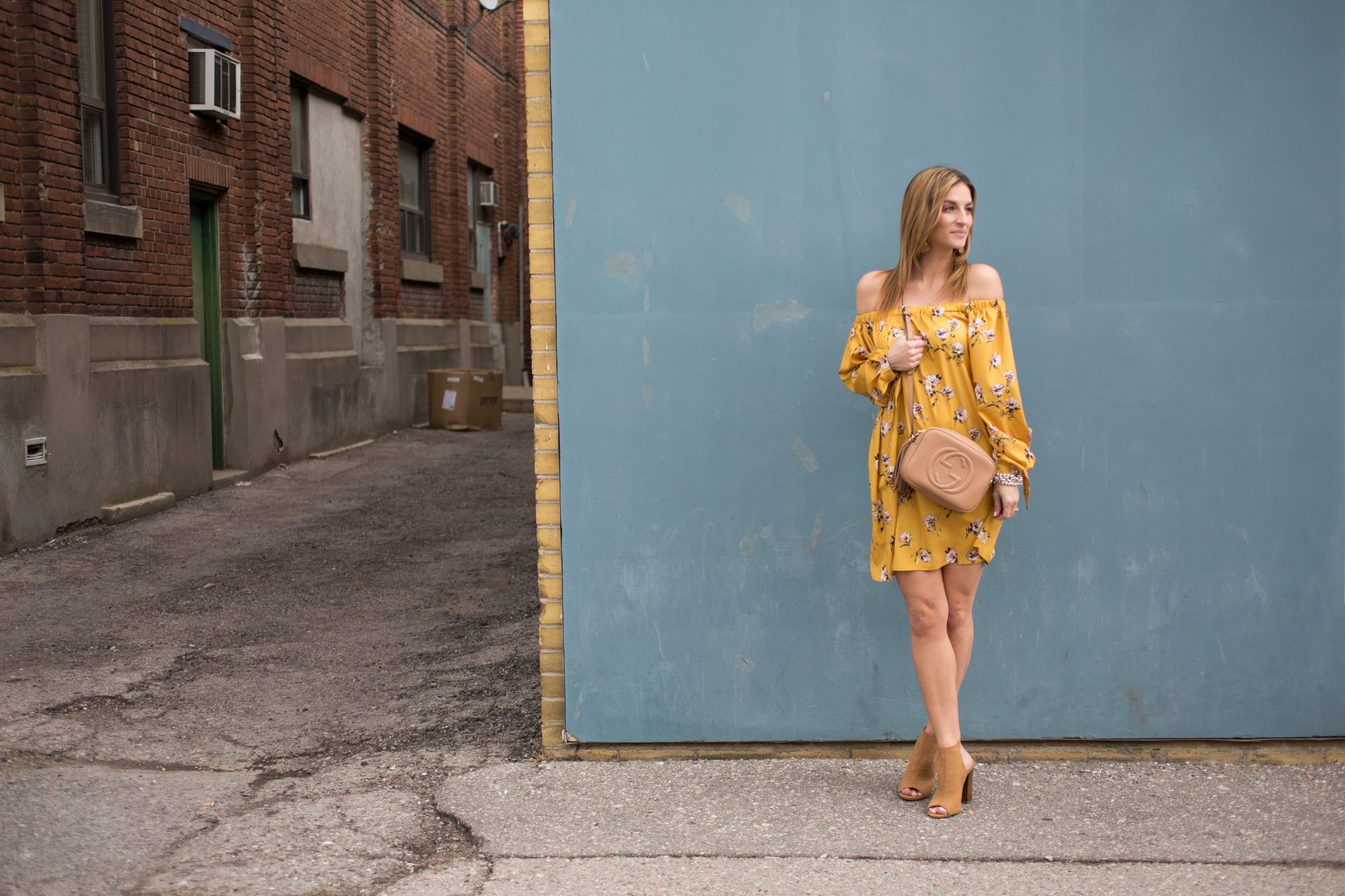 sparkleshinylove Yellow Floral long sleeve off the shoulder dress from Zaful, suede shooties from Le Chateau, Gucci Soho Disco Bag
