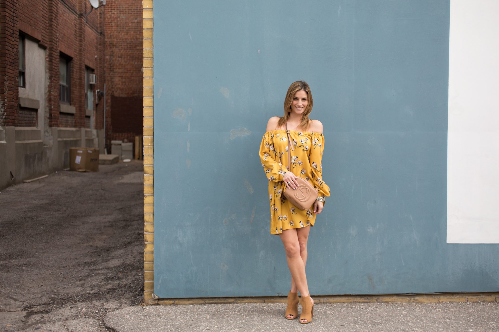 Yellow Floral long sleeve off the shoulder dress from Zaful, suede shooties from Le Chateau, Gucci Soho Disco Bag