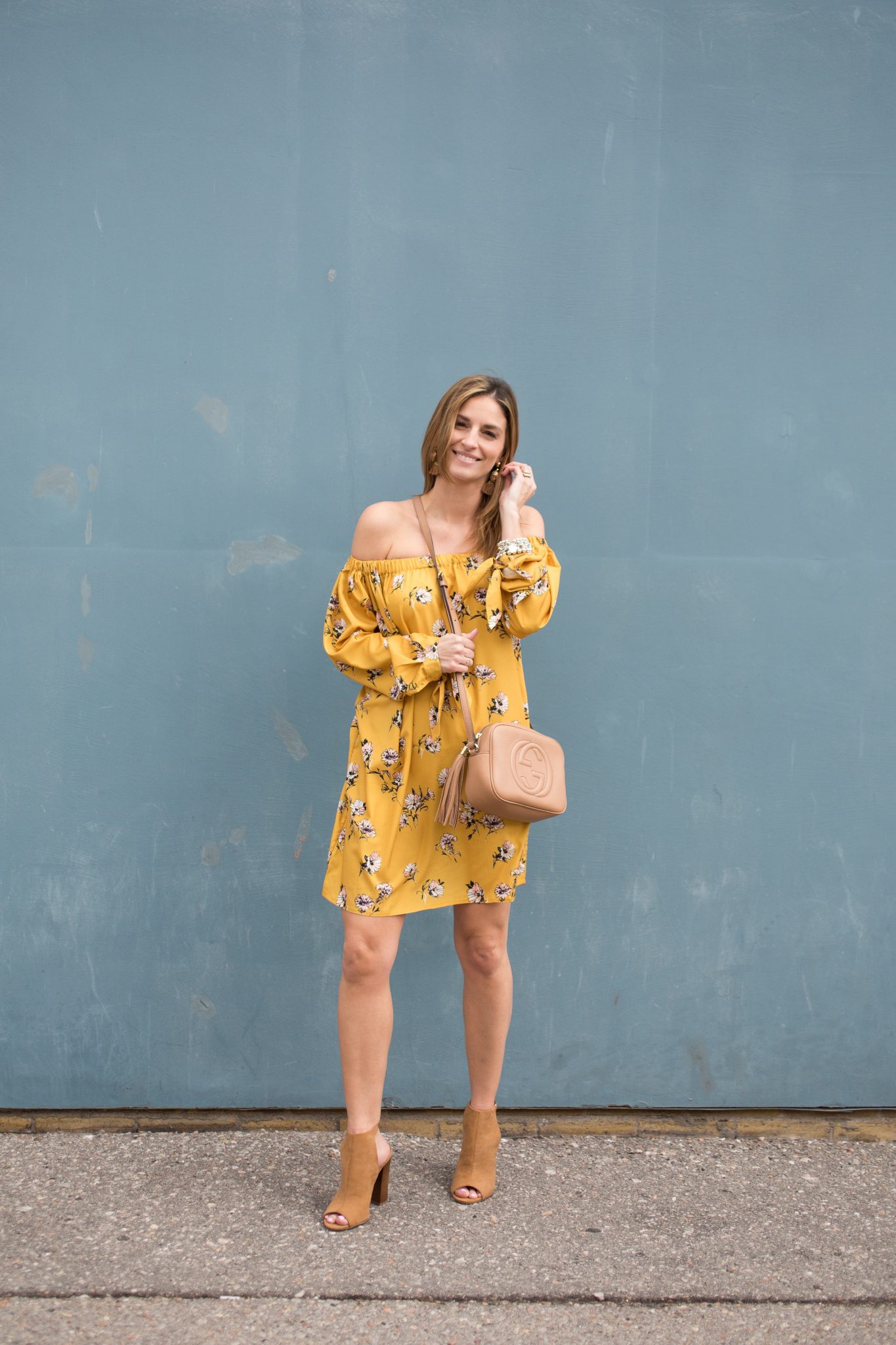 sparkleshinylove Yellow Floral long sleeve off the shoulder dress from Zaful, suede shooties from Le Chateau, Gucci Soho Disco Bag