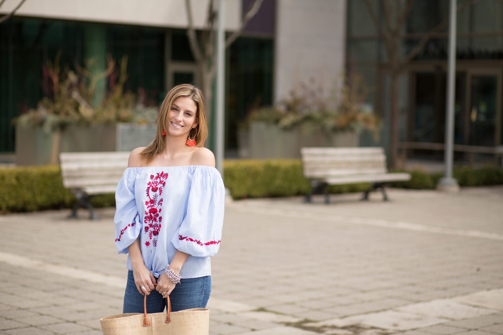 Off the shoulder blue with red embroidery Zara top, J.Brand Skinny jeans, Market bag tote, Valentino velvet rockstud ballerina flats, tassel earrings from H&M