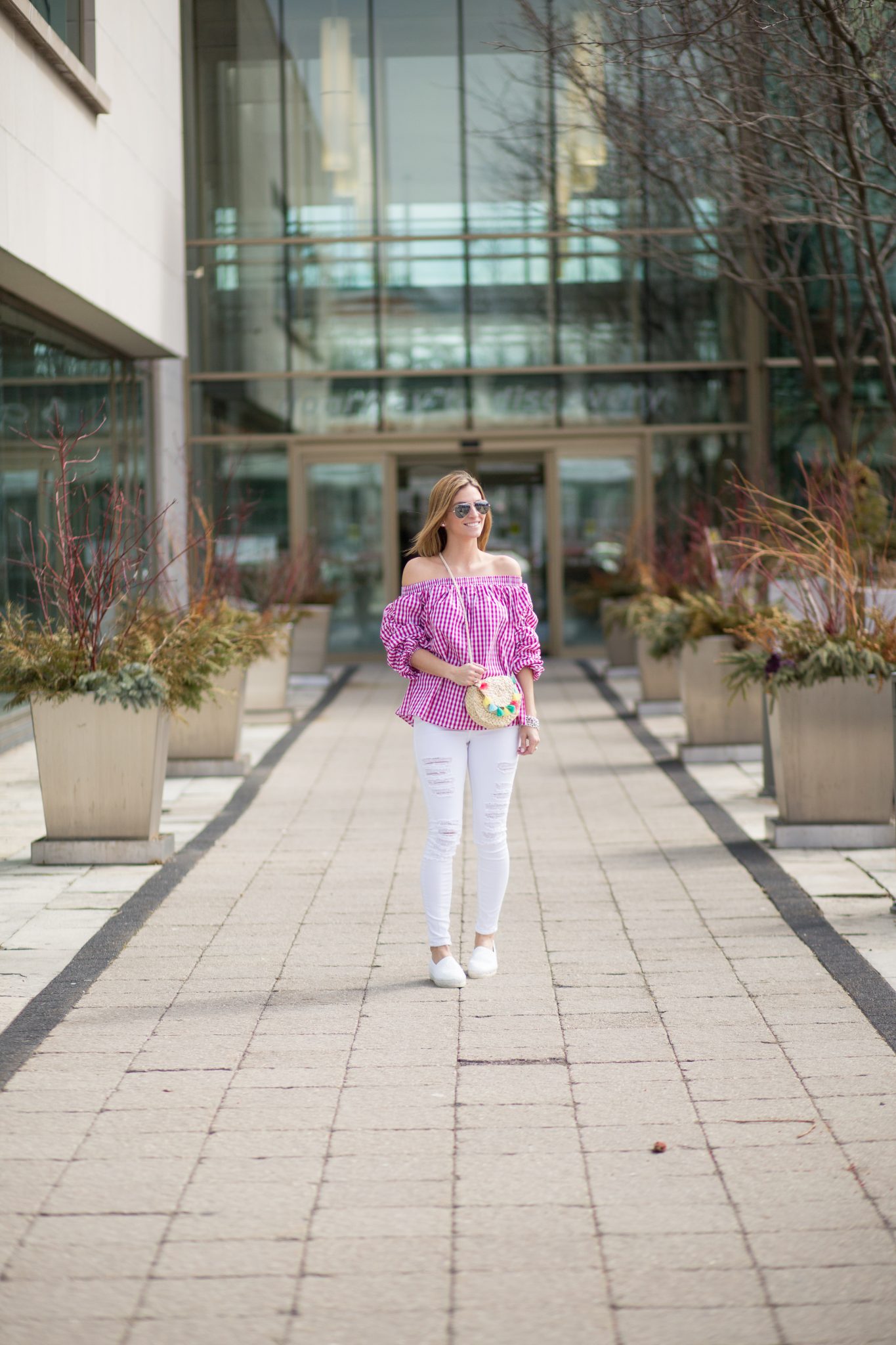 sparkleshinylove Chicwish Gingham Channel Off-shoulder Top in Hot Pink, White J.Brand distressed jeans, Chanel white espadrilles, tassel cross body from Zara, Silver Ray-Ban Aviators