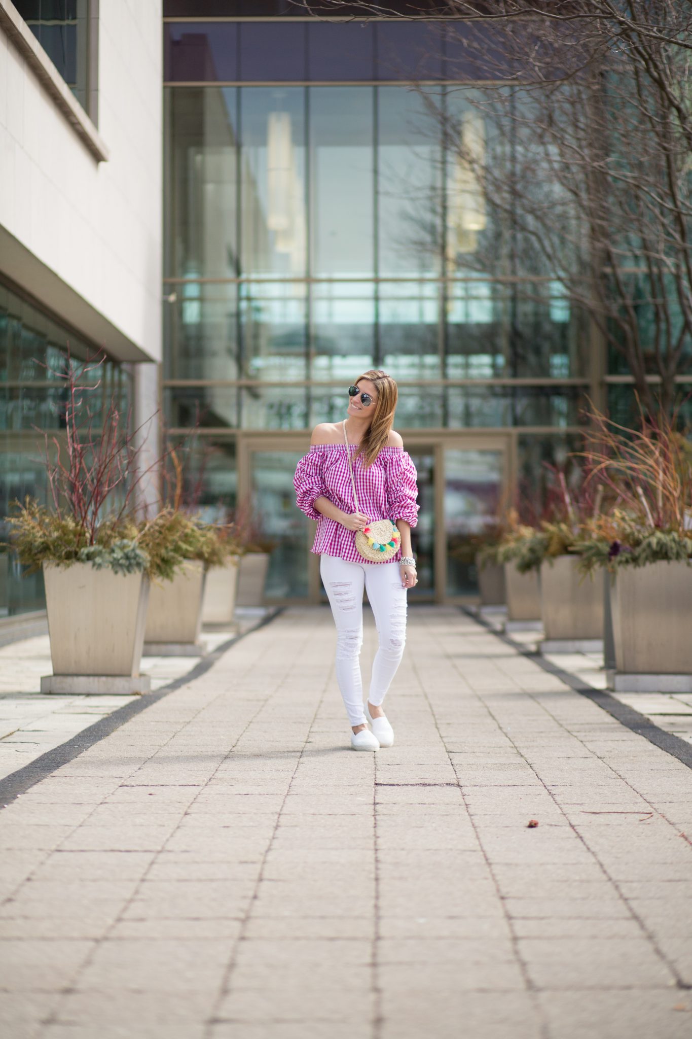sparkleshinylove Chicwish Gingham Channel Off-shoulder Top in Hot Pink, White J.Brand distressed jeans, Chanel white espadrilles, tassel cross body from Zara, Silver Ray-Ban Aviators