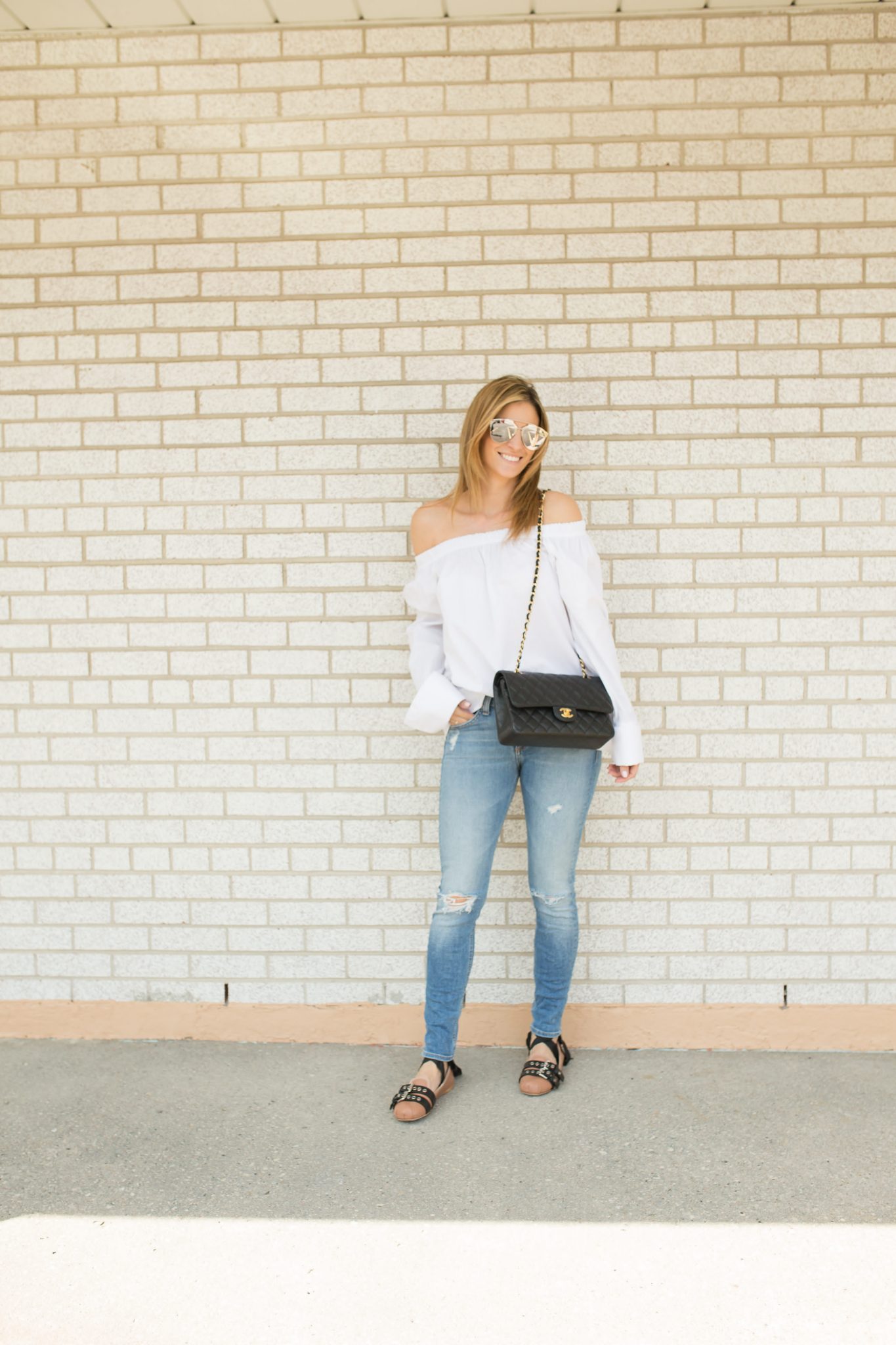 Sparkleshinylove #HumansofYV Yorkville Village off the shoulder white top, Rag & Bone Distressed Jeans from TNT, Miu Miu double buckle nude loafers