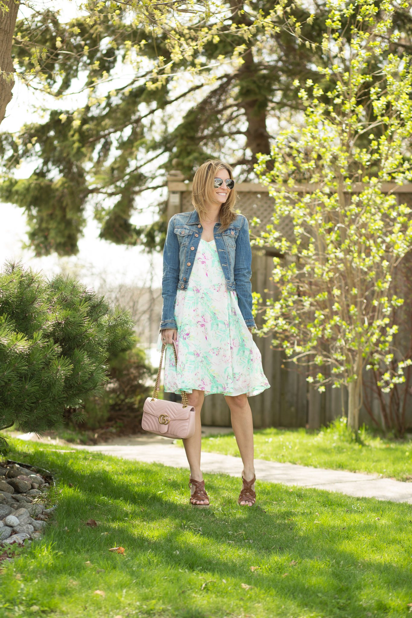 sparkleshinylove Mandy Furnis Floral dress from Pink Blush, Jean jacket from H&M, Pink Gucci bag, silver Ray-Ban sunglasses and wedges from Charlotte Russe