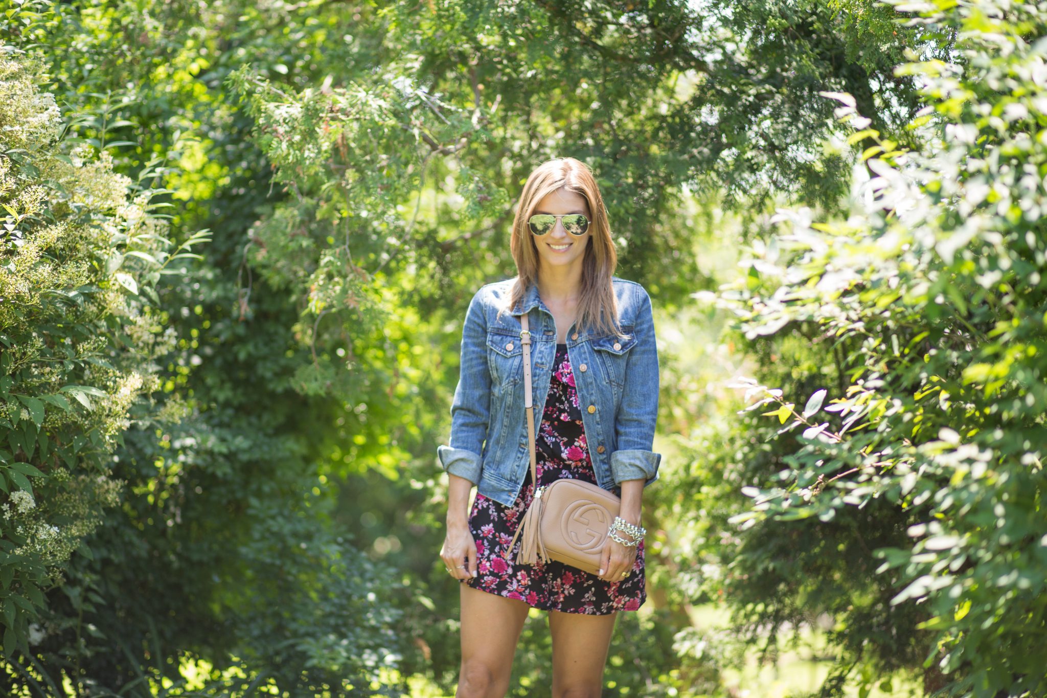 Floral romper from Du North Designs, J.Crew Jean jacket, ray-ban aviators, Gucci bag, le chateau wedges sparkleshinylove