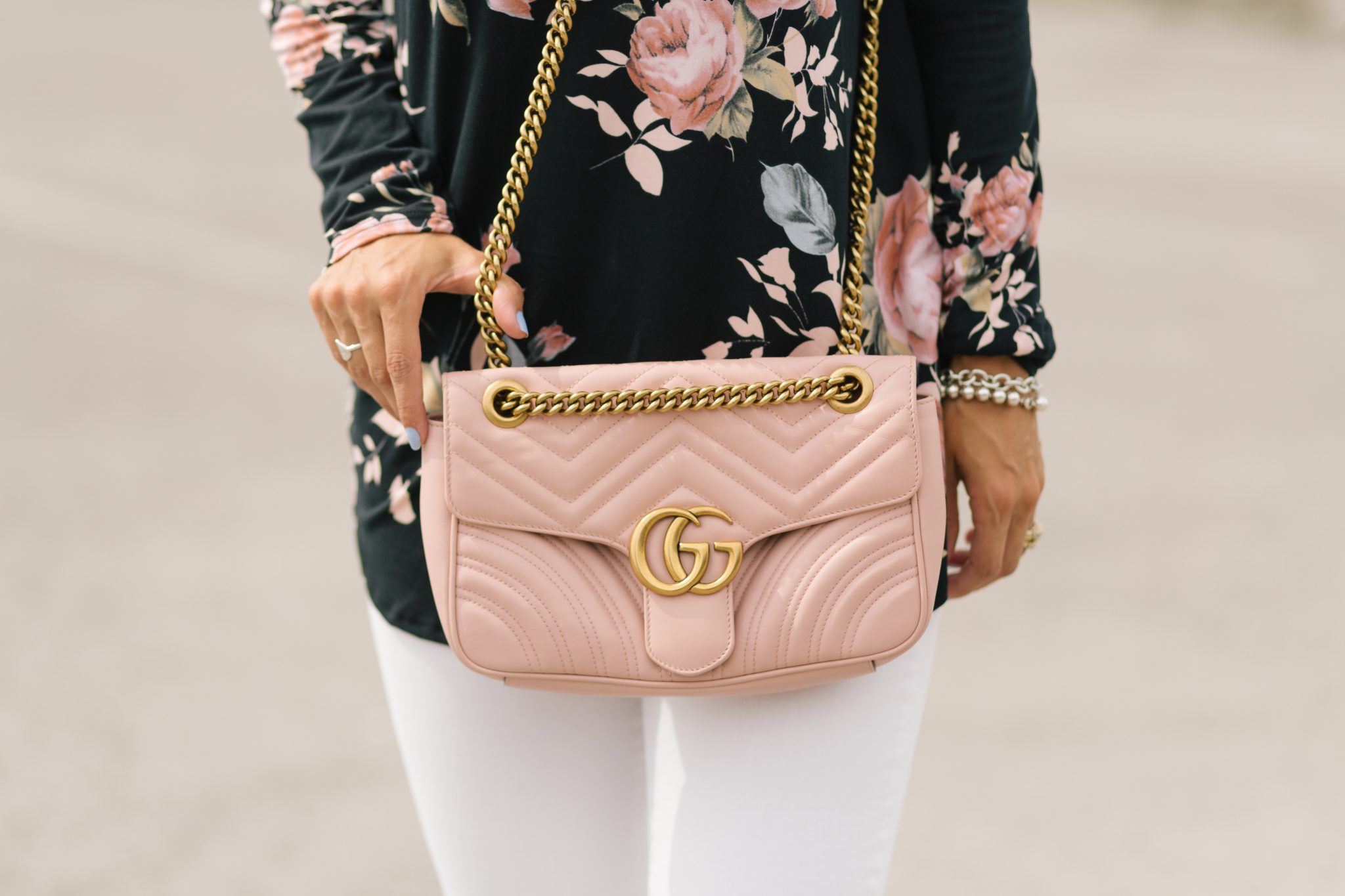 Floral Pink Blush cold shoulder top, White jeans, bow flats, pink gucci marmot bag sparkleshinylove