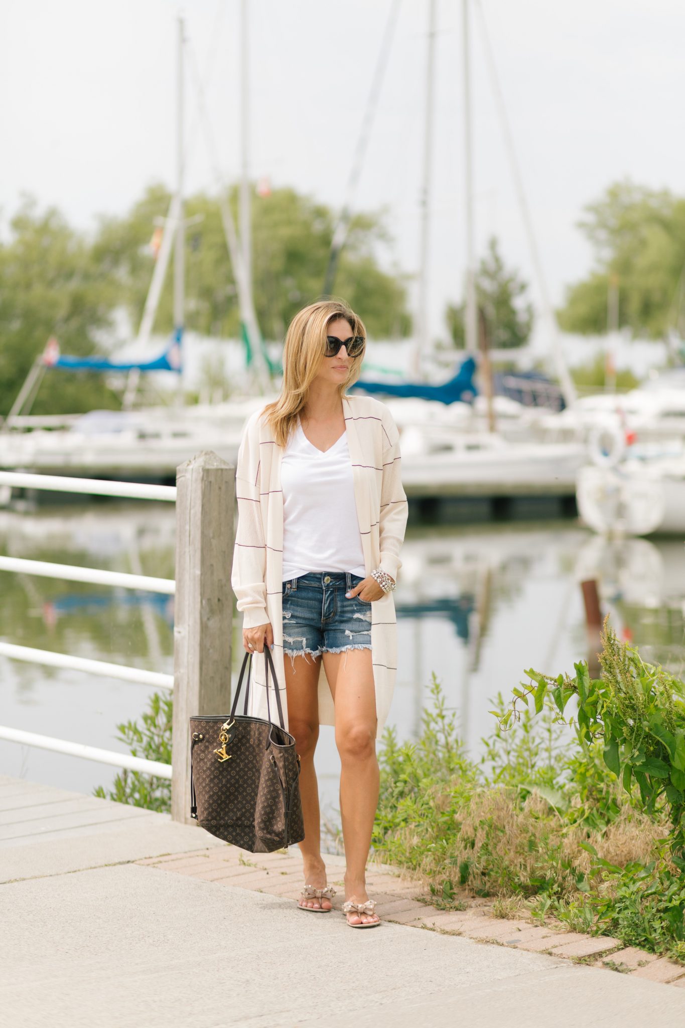 Summer striped cardi with cut off jean shorts, Louis Vuitton neverfull