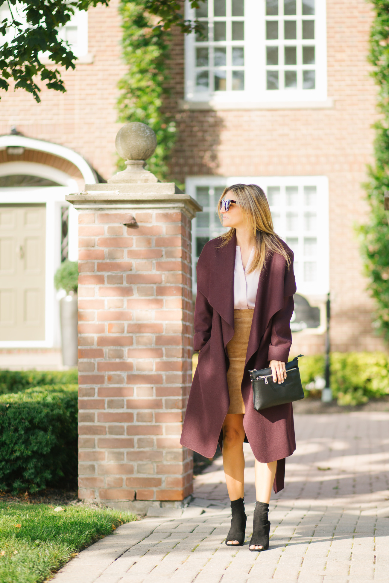 Fall Look with long burgundy coat and suede skirt
