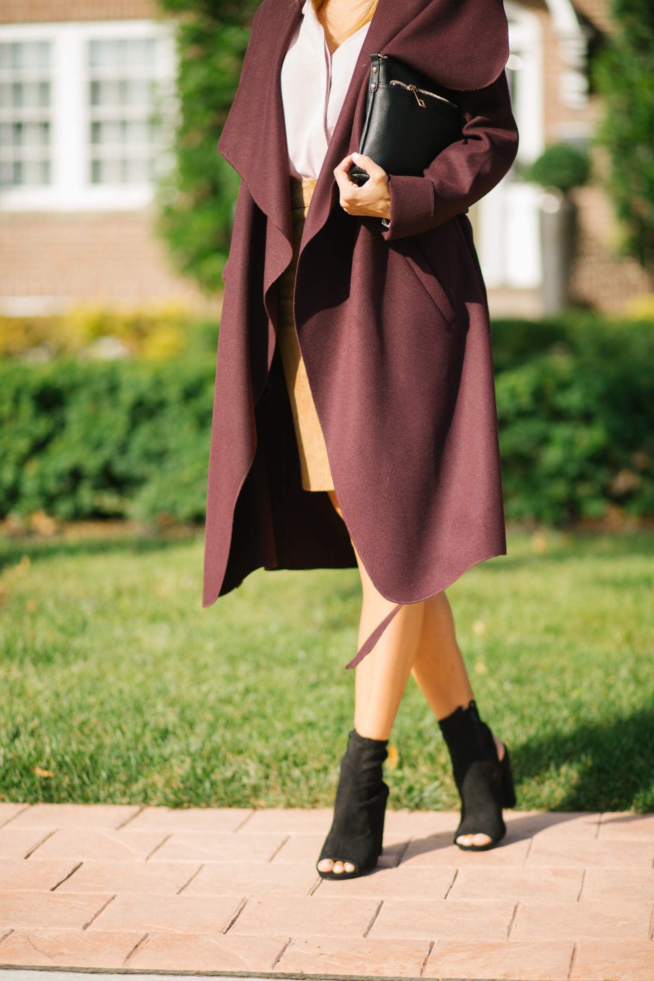 Peep toe booties, plum coloured coat, suede skirt