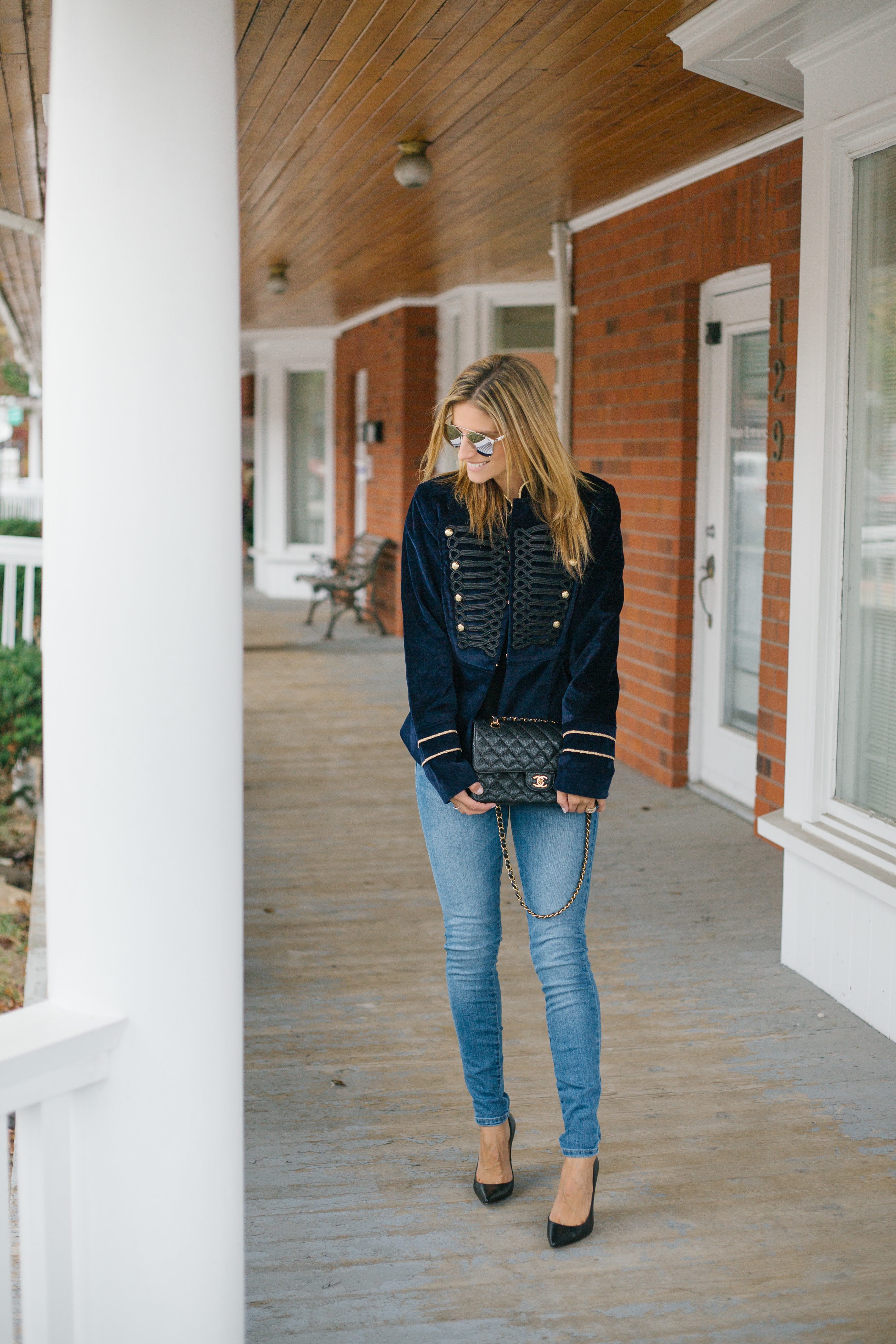 Fall weekend uniform with military jacket, jeans and heels