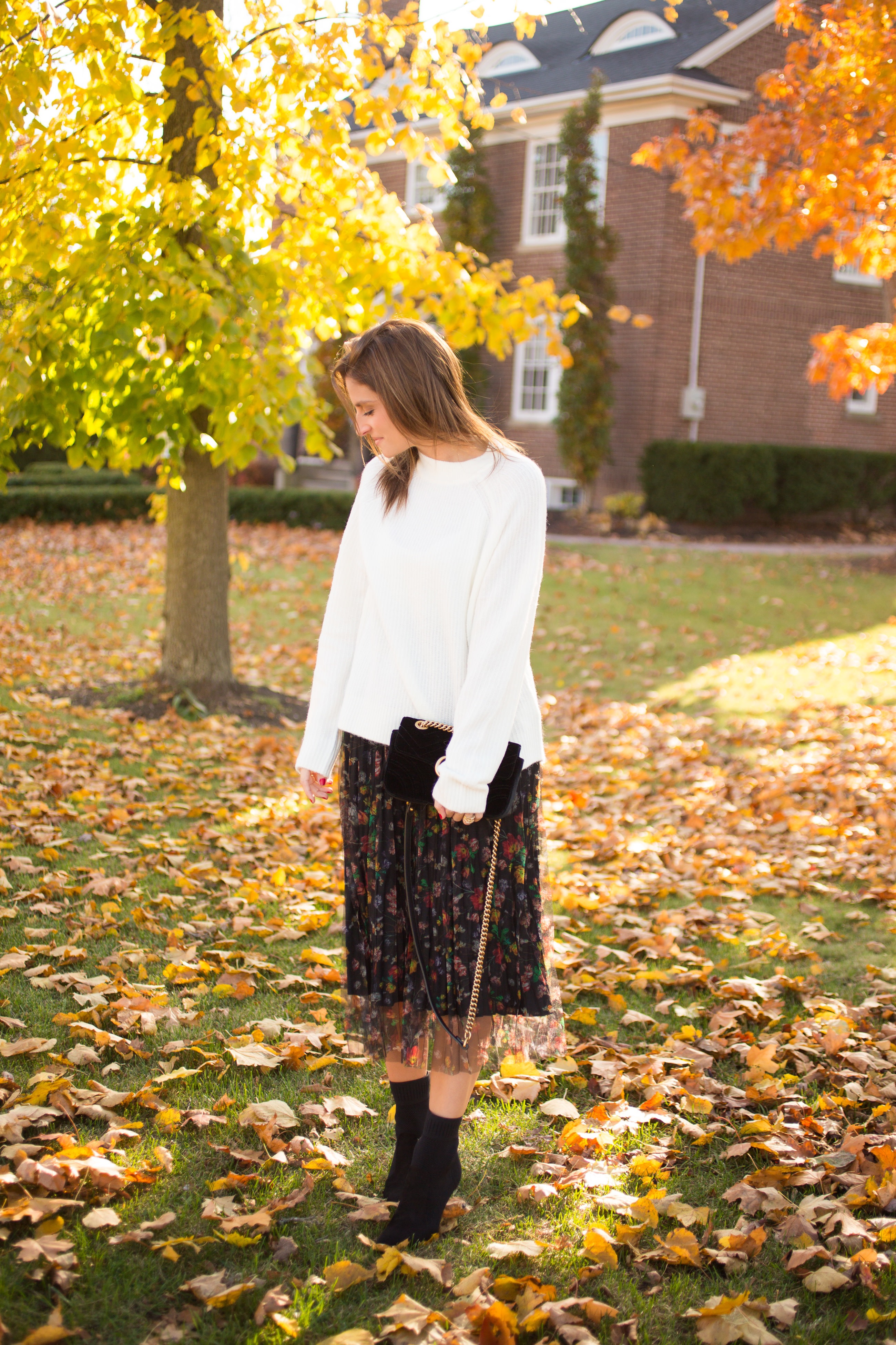 Floral pleated skirt, white sweater, pointed toe boots, velvet gucci bag sparkleshinylove