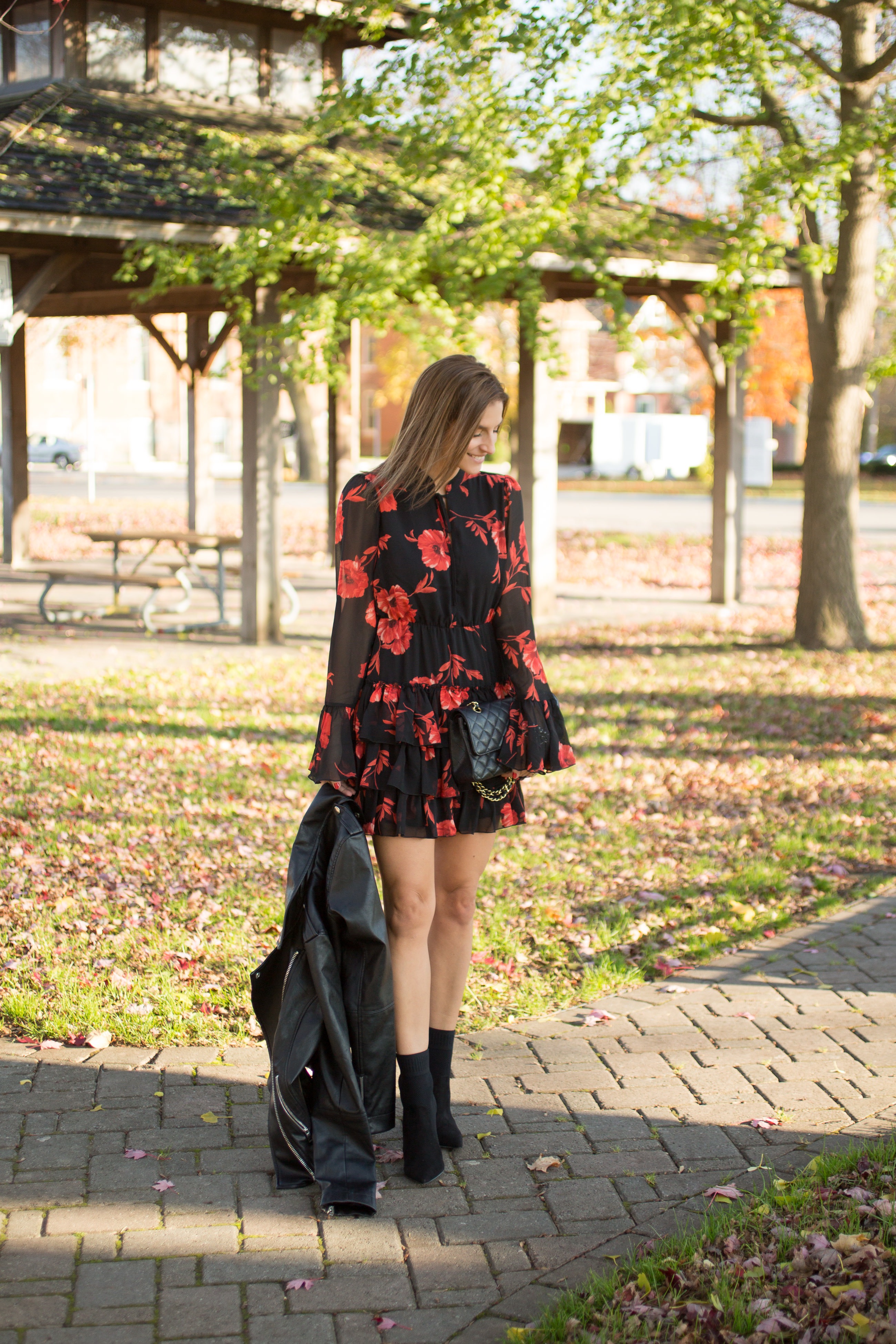 Floral dress for fall with leather jacket and pointed toe ankle boots Scarborough Town Centre sparkleshinylove Mandy Furnis