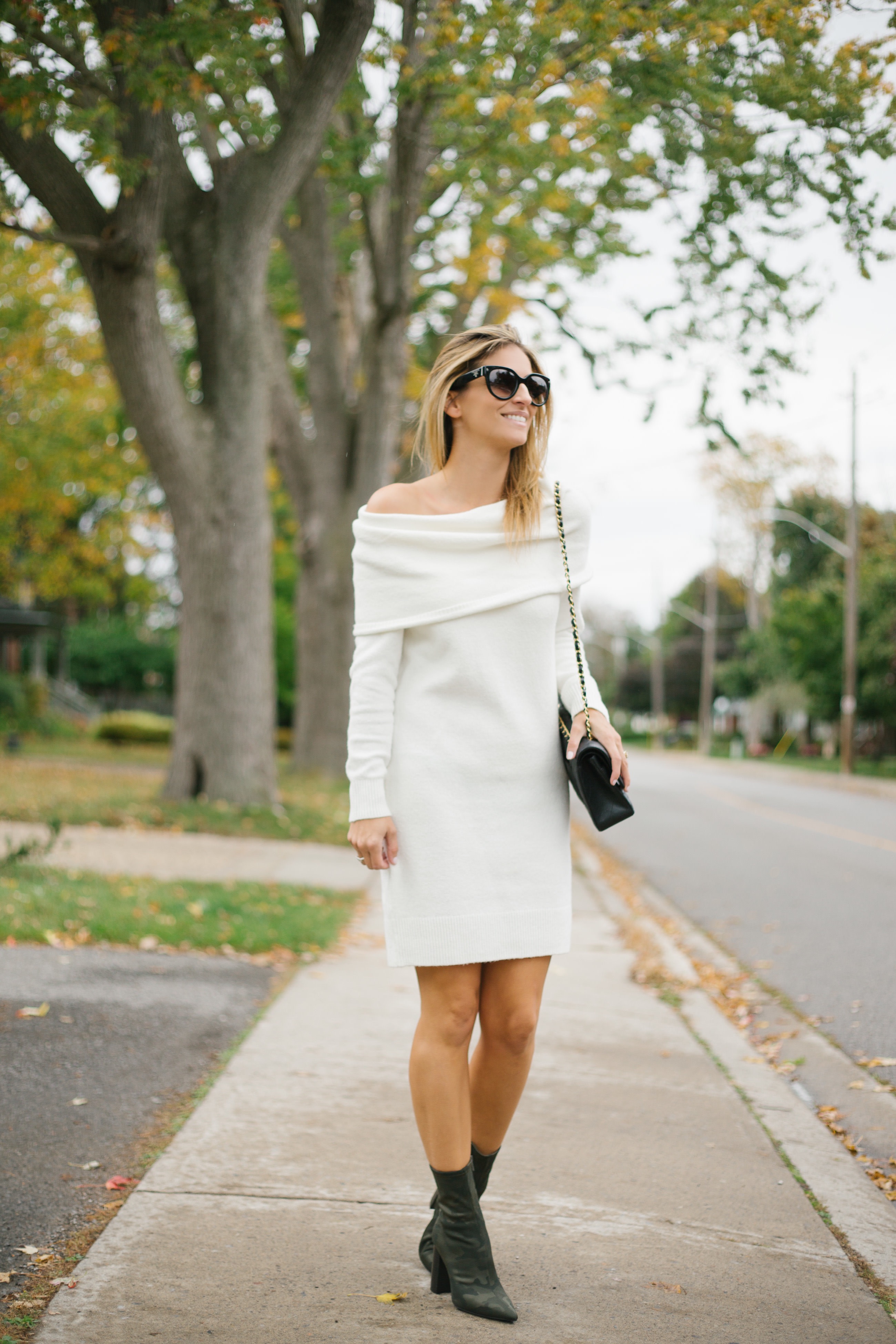 fall outfit ideas with white off the shoulder sweaterdress and ankle boots