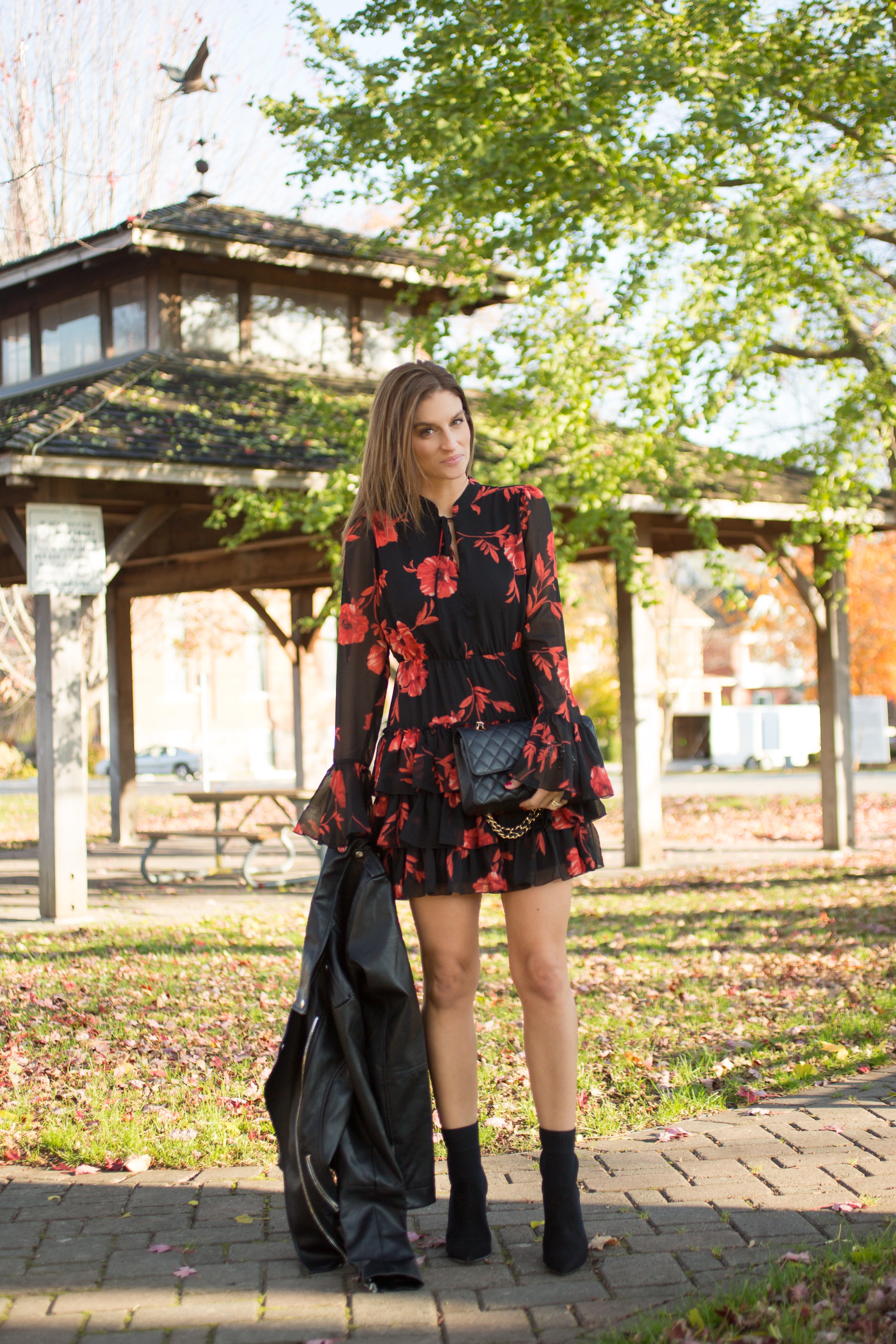 Floral dress for fall with leather jacket and pointed toe ankle boots Scarborough Town Centre sparkleshinylove Mandy Furnis