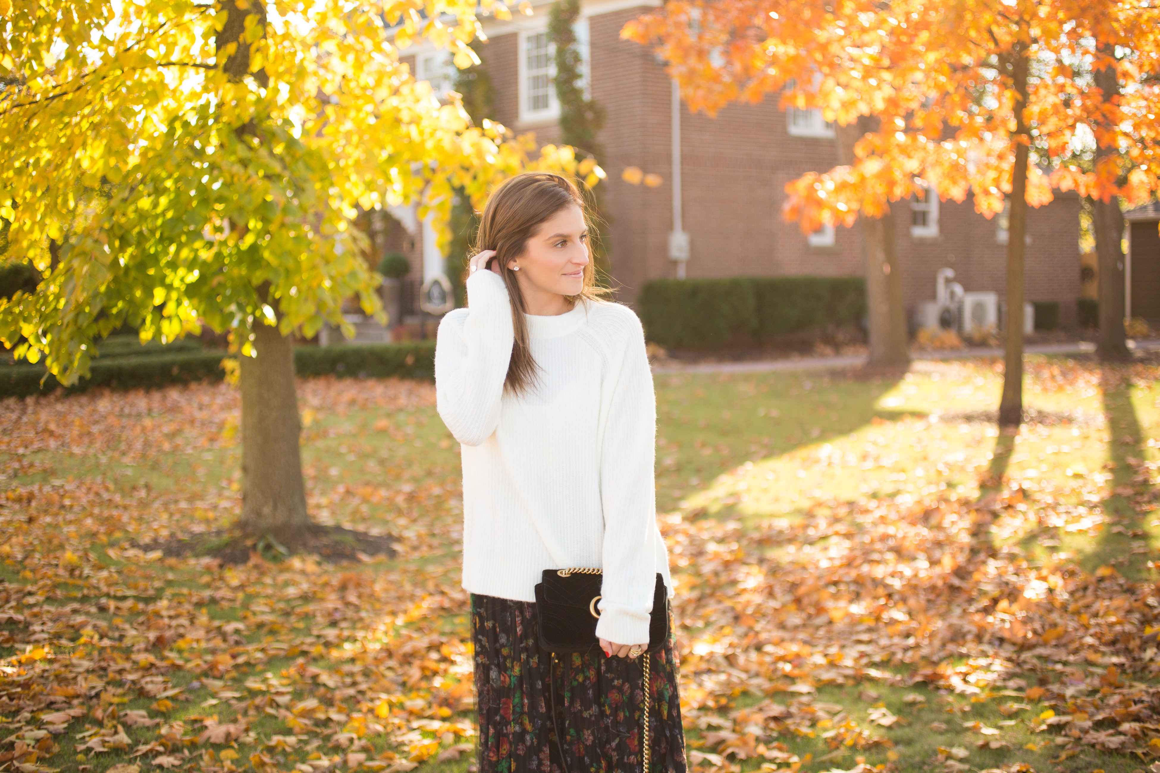 Floral pleated skirt, white sweater, pointed toe boots, velvet gucci bag sparkleshinylove