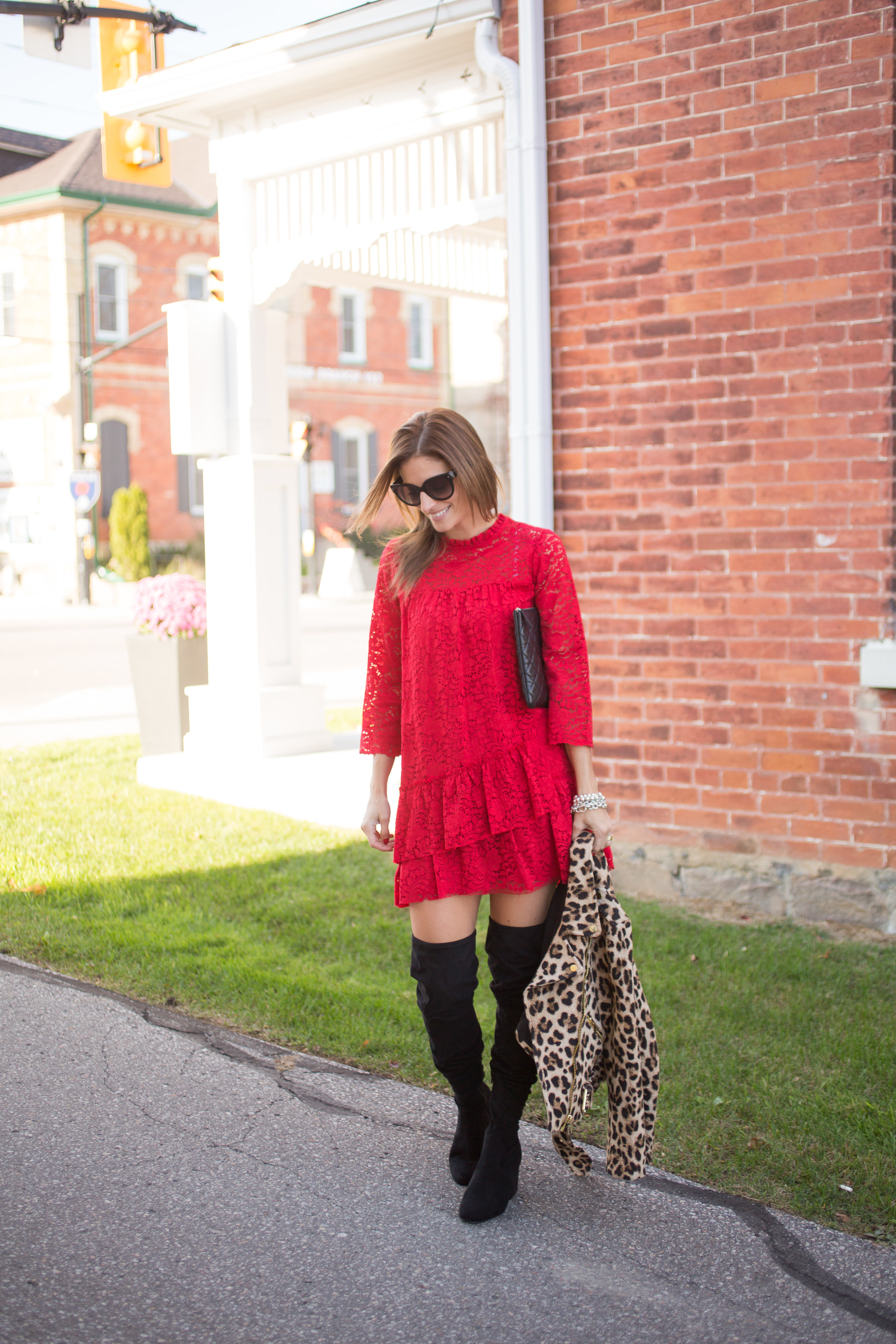 Red lace dress for the holidays with leopard moto jacket sparkleshinylove mandy furnis