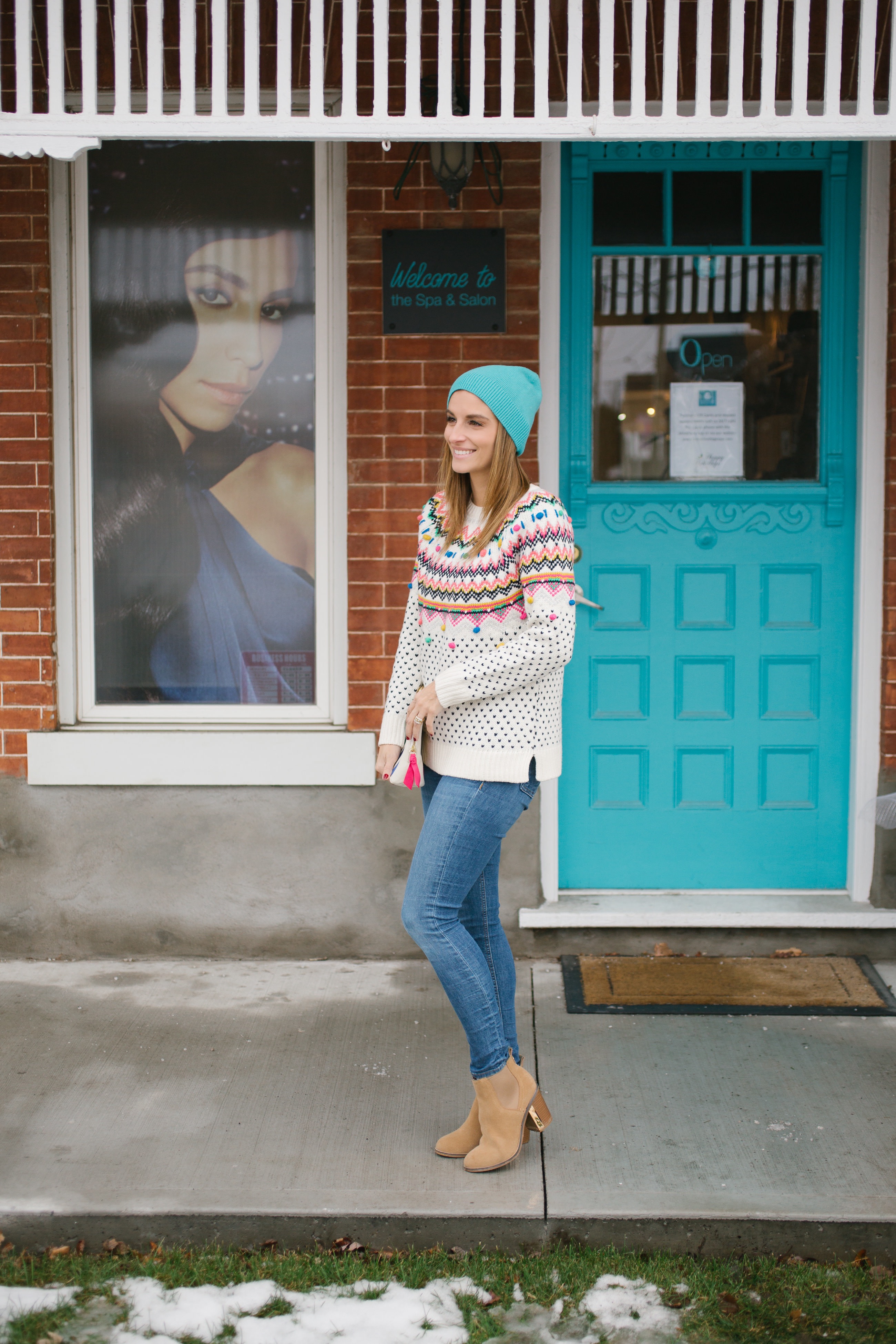 weekend winter outfit with pom pom sweater form talbots mandy furnis