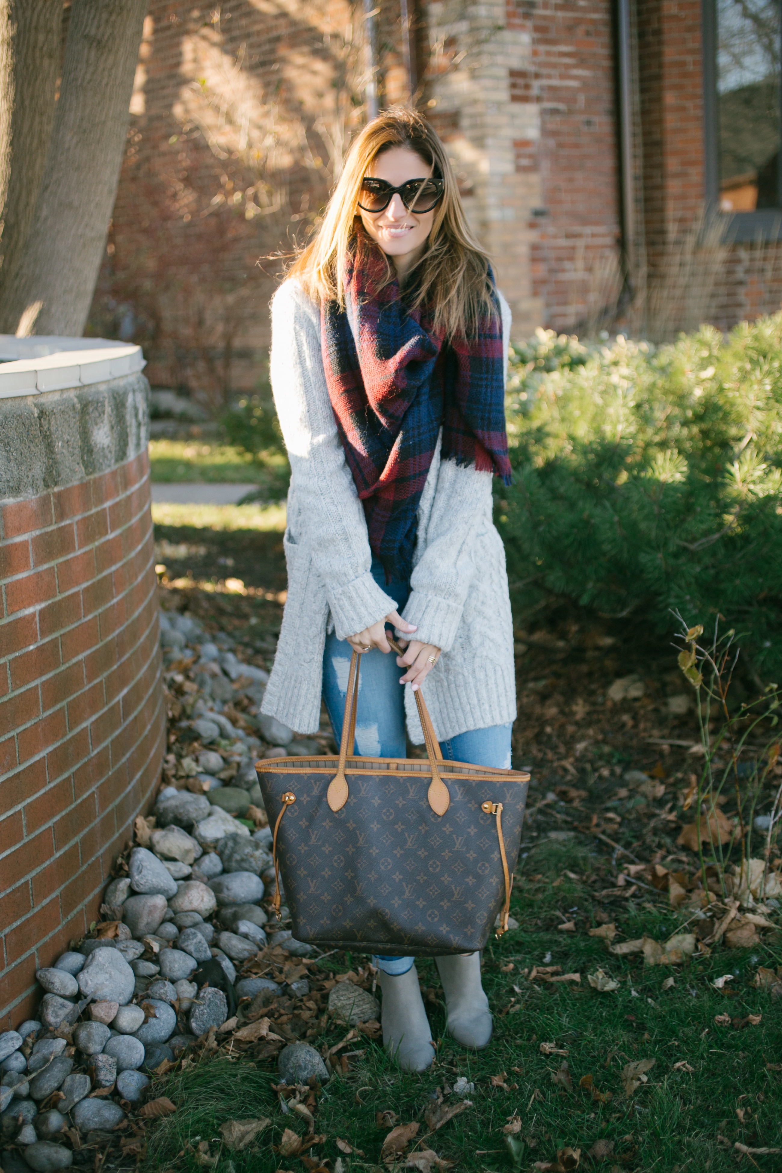 Winter weekend outfit with plaid blanket scarf, cardigan, distressed Guess jeans and louis vuitton never full sparkleshinylove
