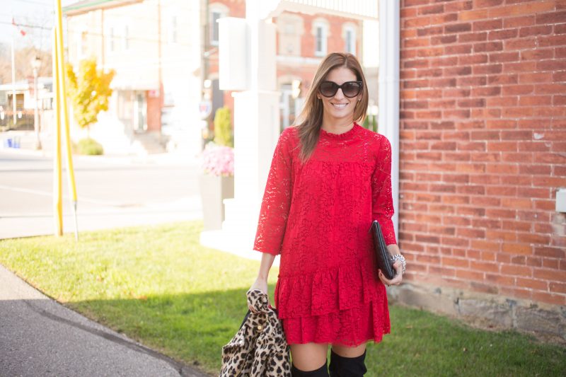 Red lace dress for the holidays with leopard moto jacket sparkleshinylove mandy furnis