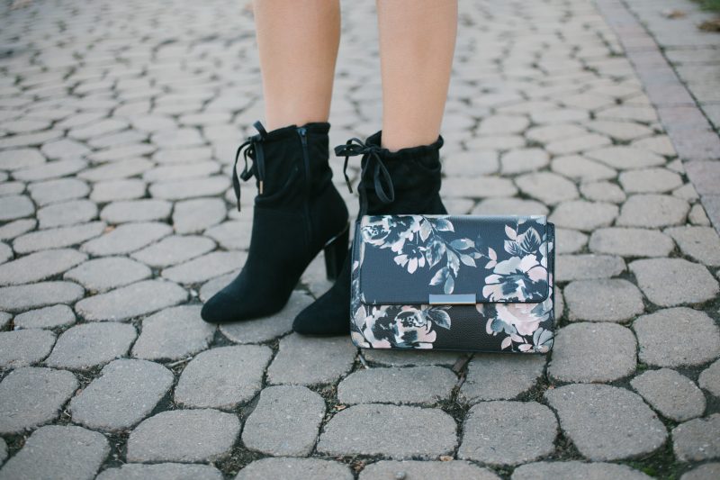 Floral clutch and suede booties from le chateau