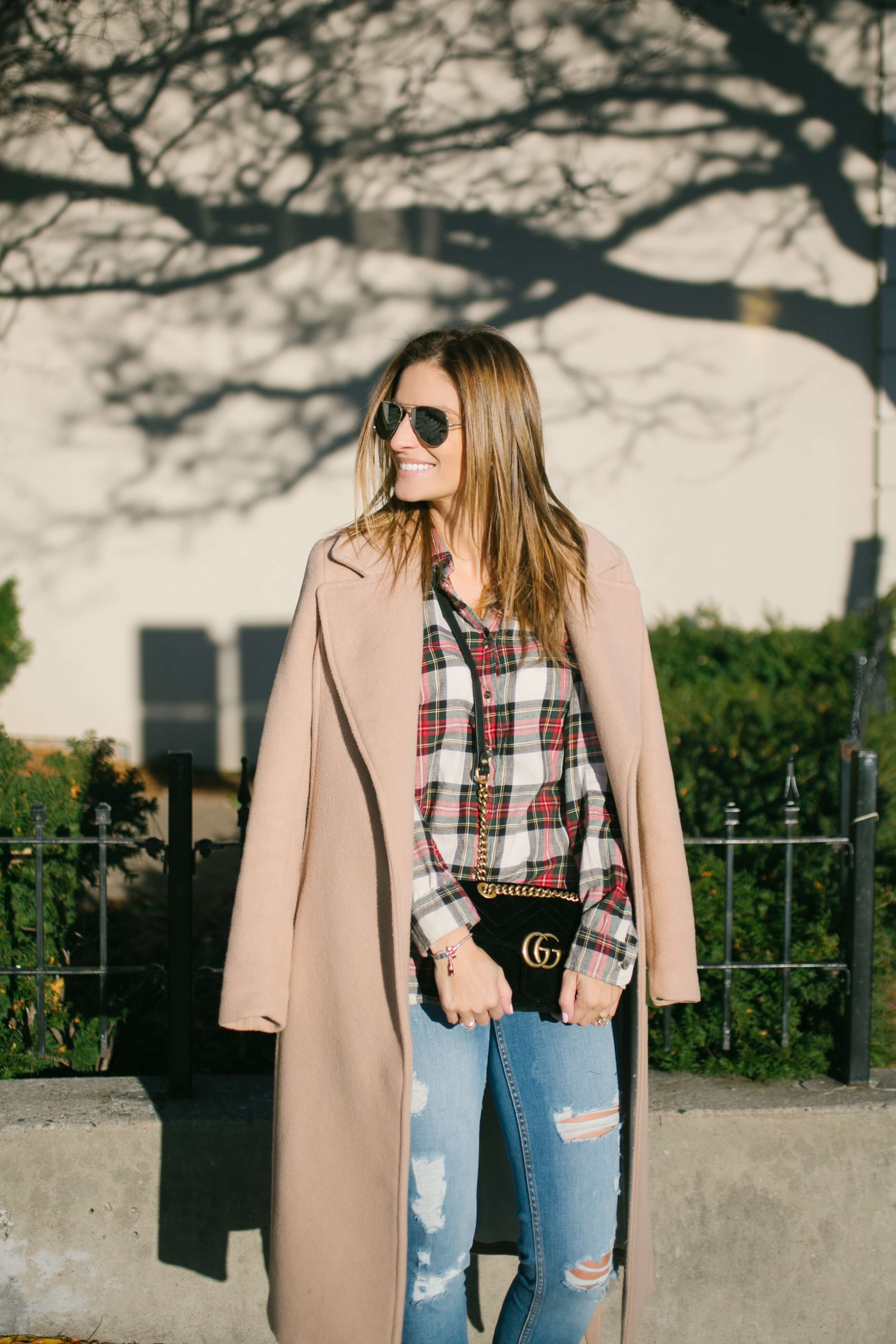 layered look for winter -plaid shirt, camel coat, velvet gucci bag, ripped jeans, suede booties sparkleshinylove mandy furnis